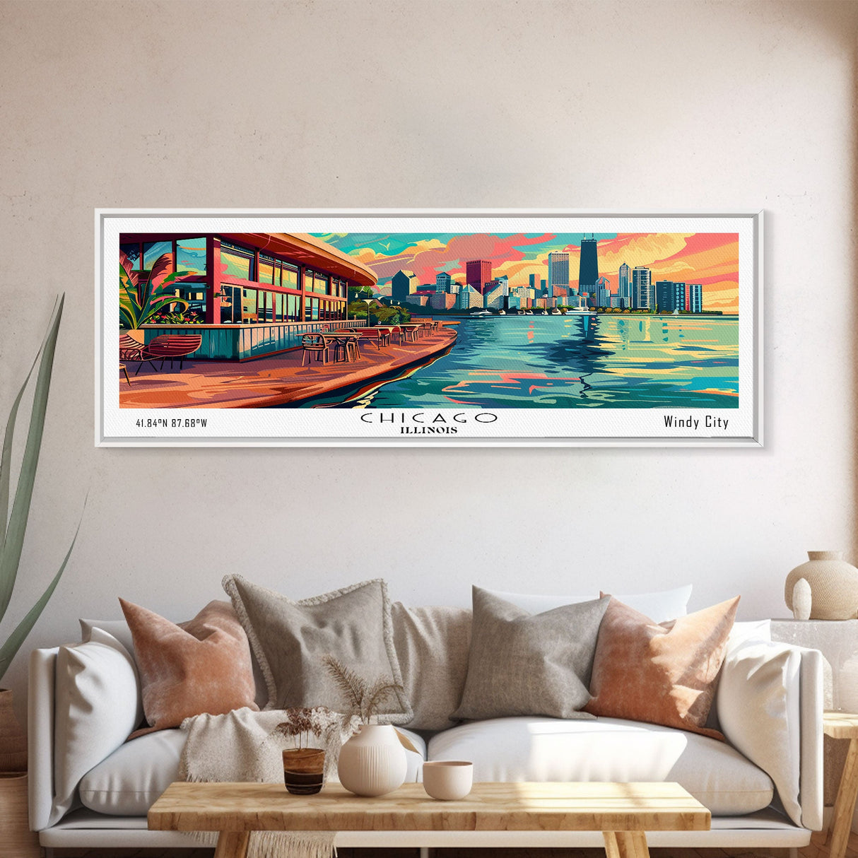 Chicago Illinois Panoramic Painting Framed Canvas Print, Mid Century Modern Art, Pop Art Style, Travel Poster, Living Room Decor