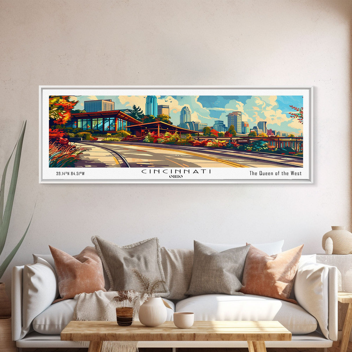 Cincinnati Ohio Panoramic Painting Framed Canvas Print, Mid Century Modern Art, Pop Art Style, Travel Poster, Wall Art Decor