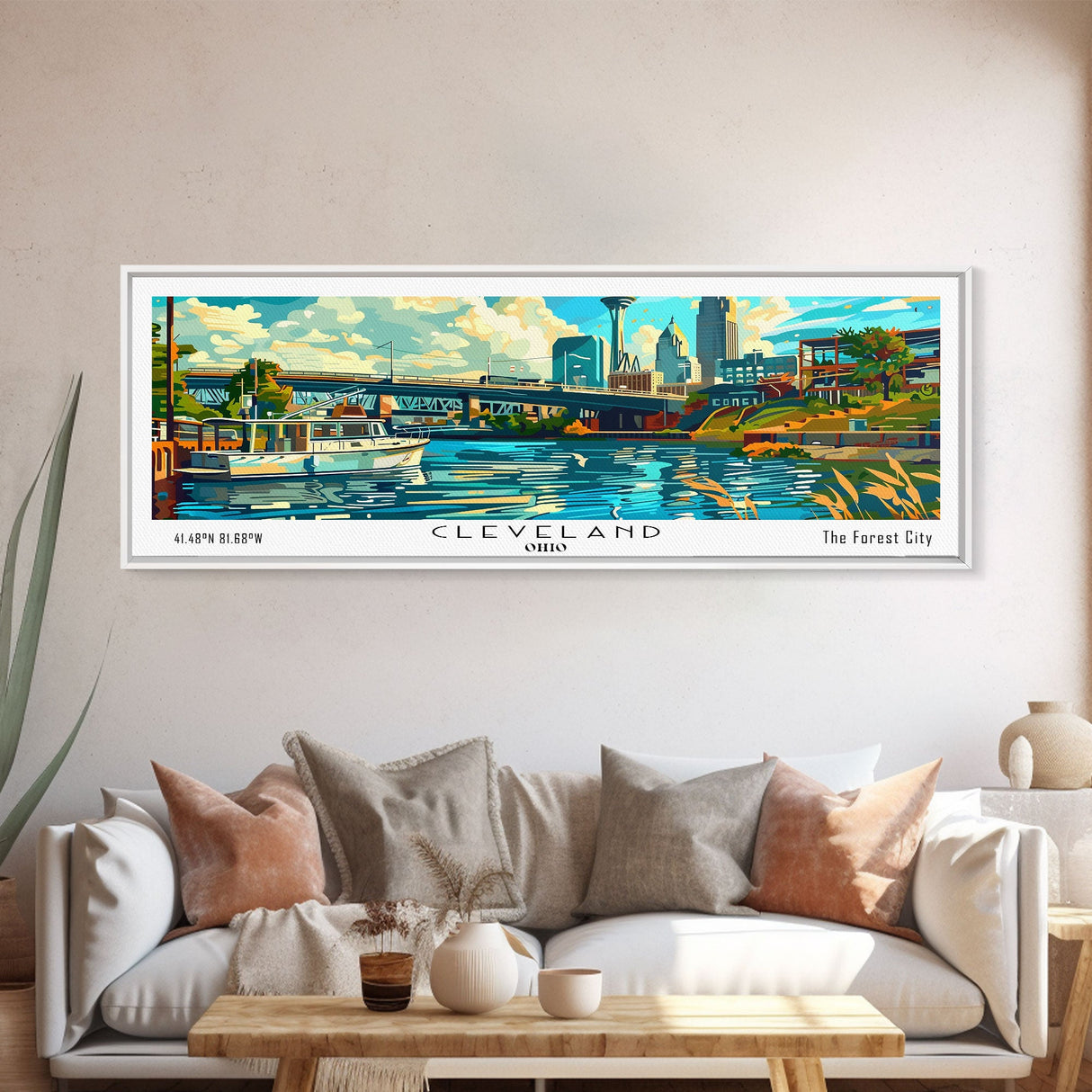 Cleveland Ohio Panoramic Wall Art Framed Canvas Print, Mid Century Modern Art, Pop Art Style, Travel Poster, Home Decor, Retro Style