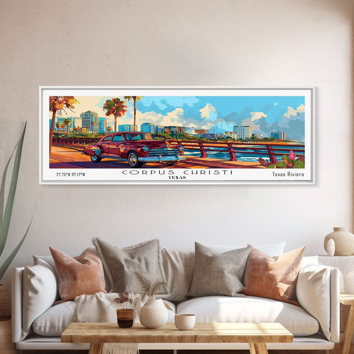 Corpus Christi Texas Panoramic Painting Framed Canvas Print, Mid Century Modern Art, Pop Art Style, Travel Poster, Living Room Decor