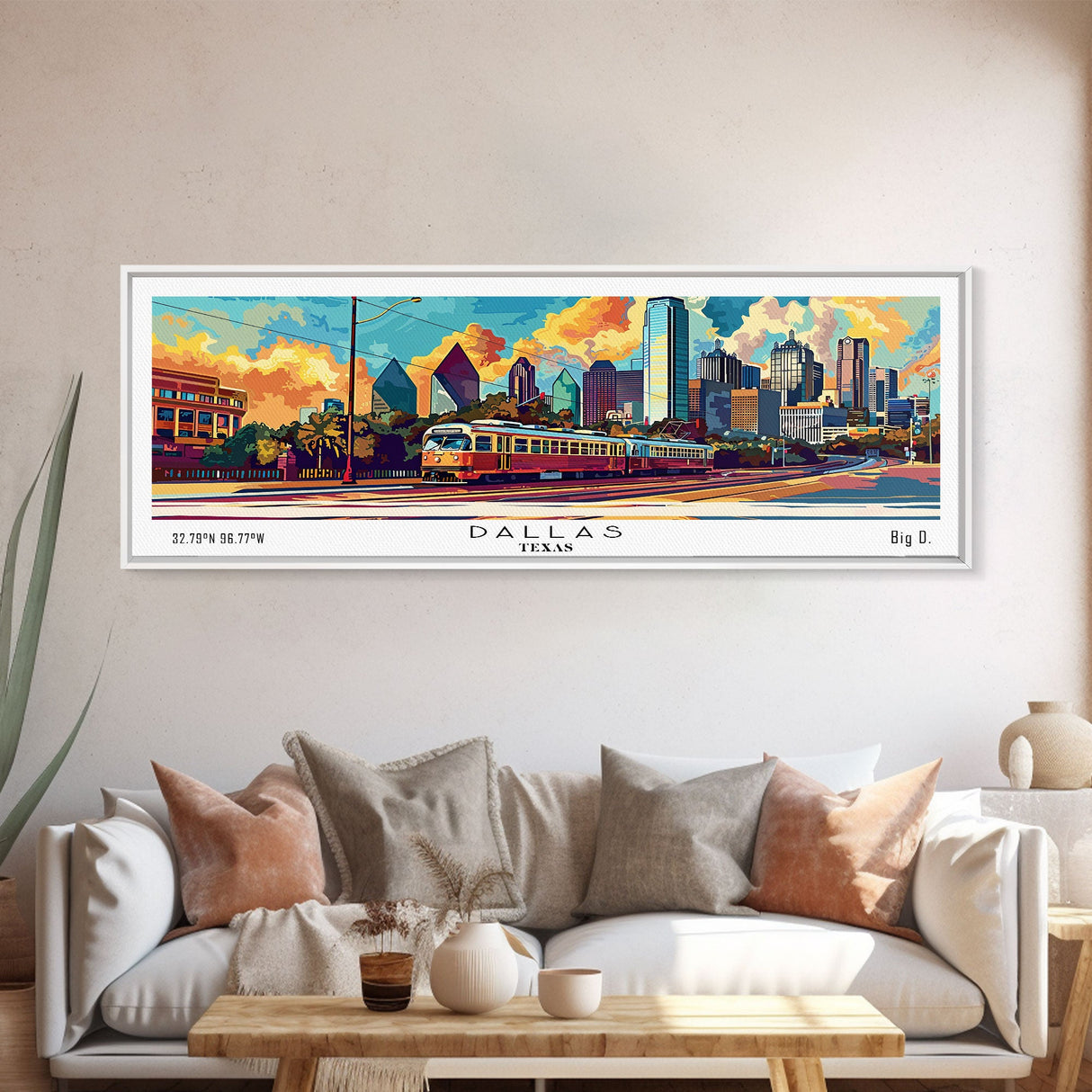 Dallas Texas Panoramic Wall Art Framed Canvas Print, Mid Century Modern Art, Pop Art Style, Travel Poster, Home Decor, Wall Hanging