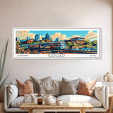 Durham North Carolina Panoramic Travel Poster Framed Canvas Print, Mid Century Modern Art, Pop Art Style, Wall Art Decor, Home Decoration