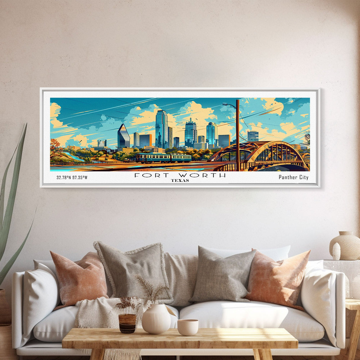 Forth Worth Texas Panoramic Painting Framed Canvas Print, Mid Century Modern Art, Pop Art Style, Travel Poster, Living Room Decor