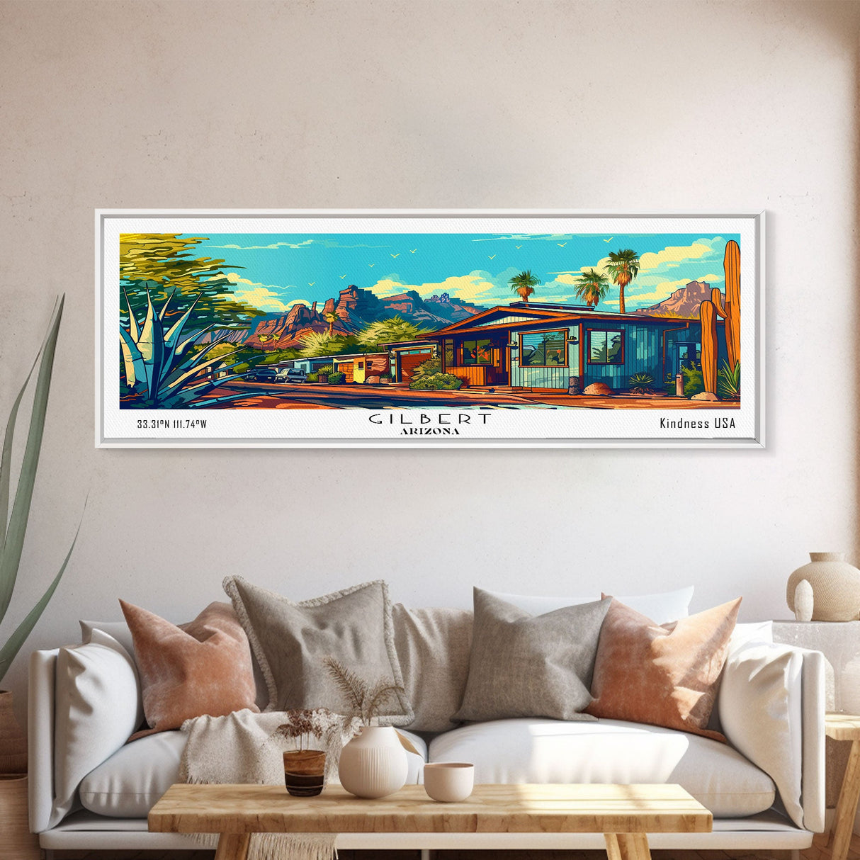 Gilbert Arizona Panoramic Wall Art Framed Canvas Print, Mid Century Modern Art, Pop Art Style, Travel Poster, Home Decor, Retro Style