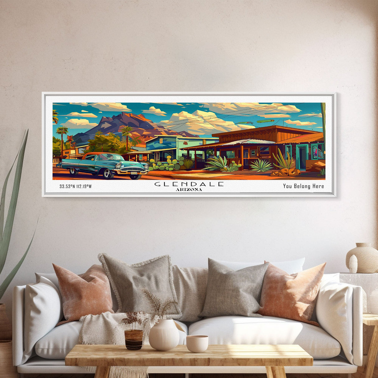 Glendale Arizona Panoramic Painting Framed Canvas Print, Mid Century Modern Art, Pop Art Style, Travel Poster, Wall Art Decor