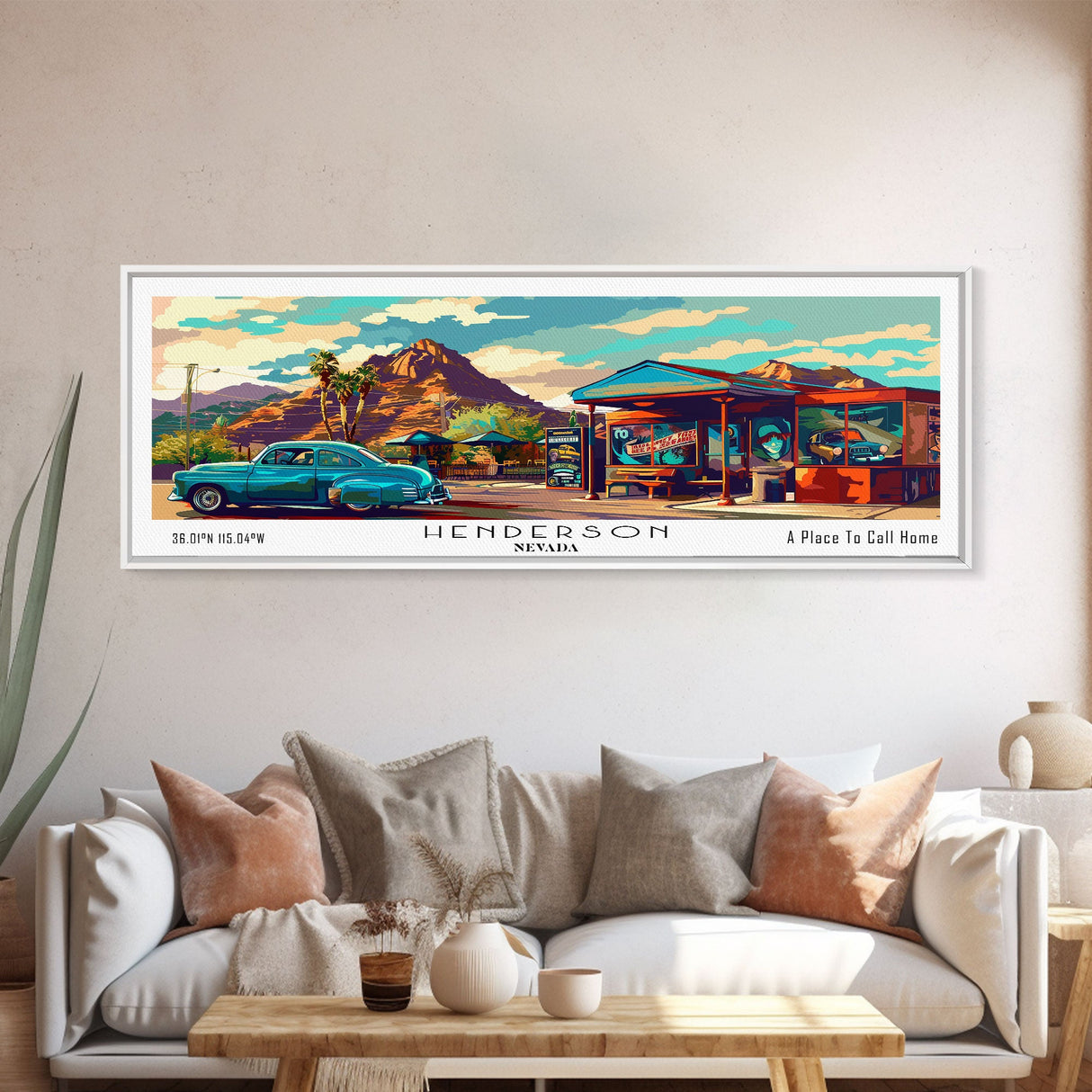 Henderson Nevada Panoramic Painting Framed Canvas Print, Mid Century Modern Art, Pop Art Style, Travel Poster, Living Room Decor