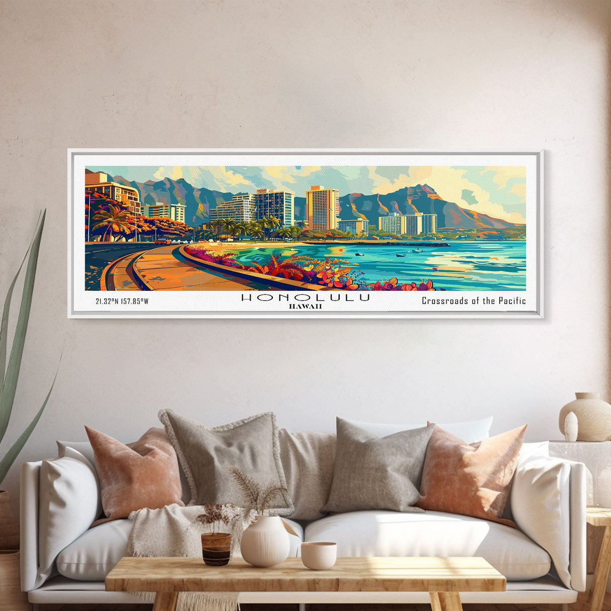 Honolulu Hawaii Panoramic Wall Art Framed Canvas Print, Mid Century Modern Art, Pop Art Style, Travel Poster, Home Decor, Retro Style