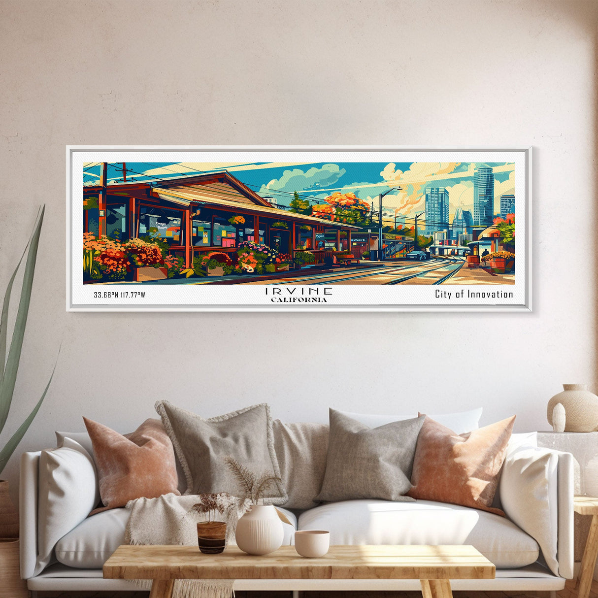 Irvine California Panoramic Travel Poster Framed Canvas Print, Mid Century Modern Art, Pop Art Style, Wall Art Decor, Home Decoration