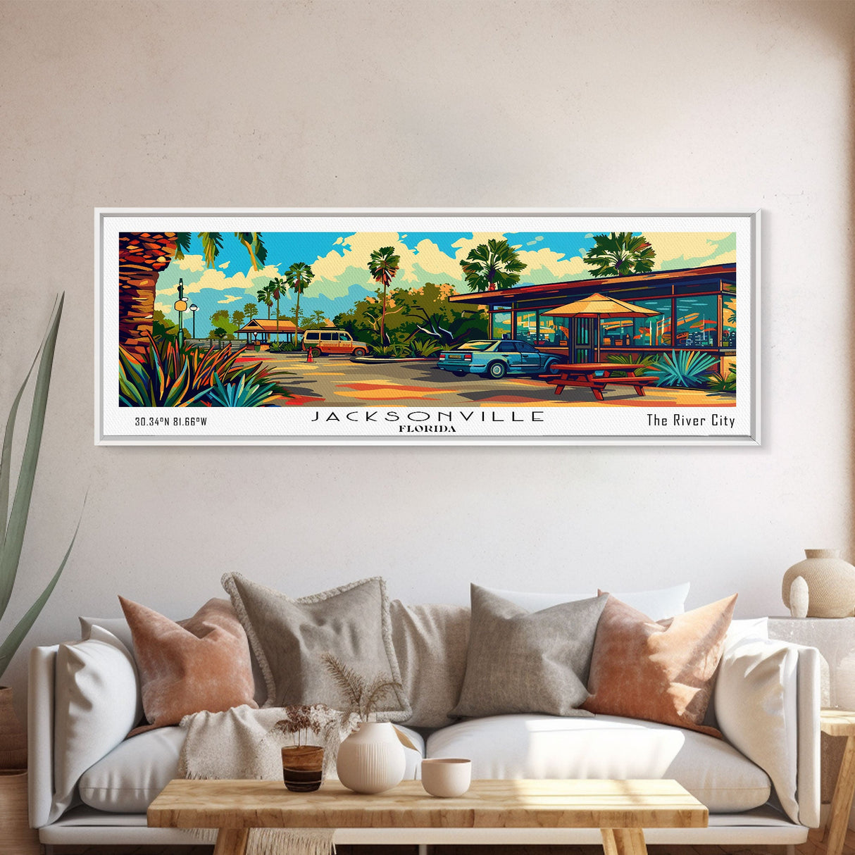 Jacksonville Florida Panoramic Painting Framed Canvas Print, Mid Century Modern Art, Pop Art Style, Travel Poster, Wall Art Decor