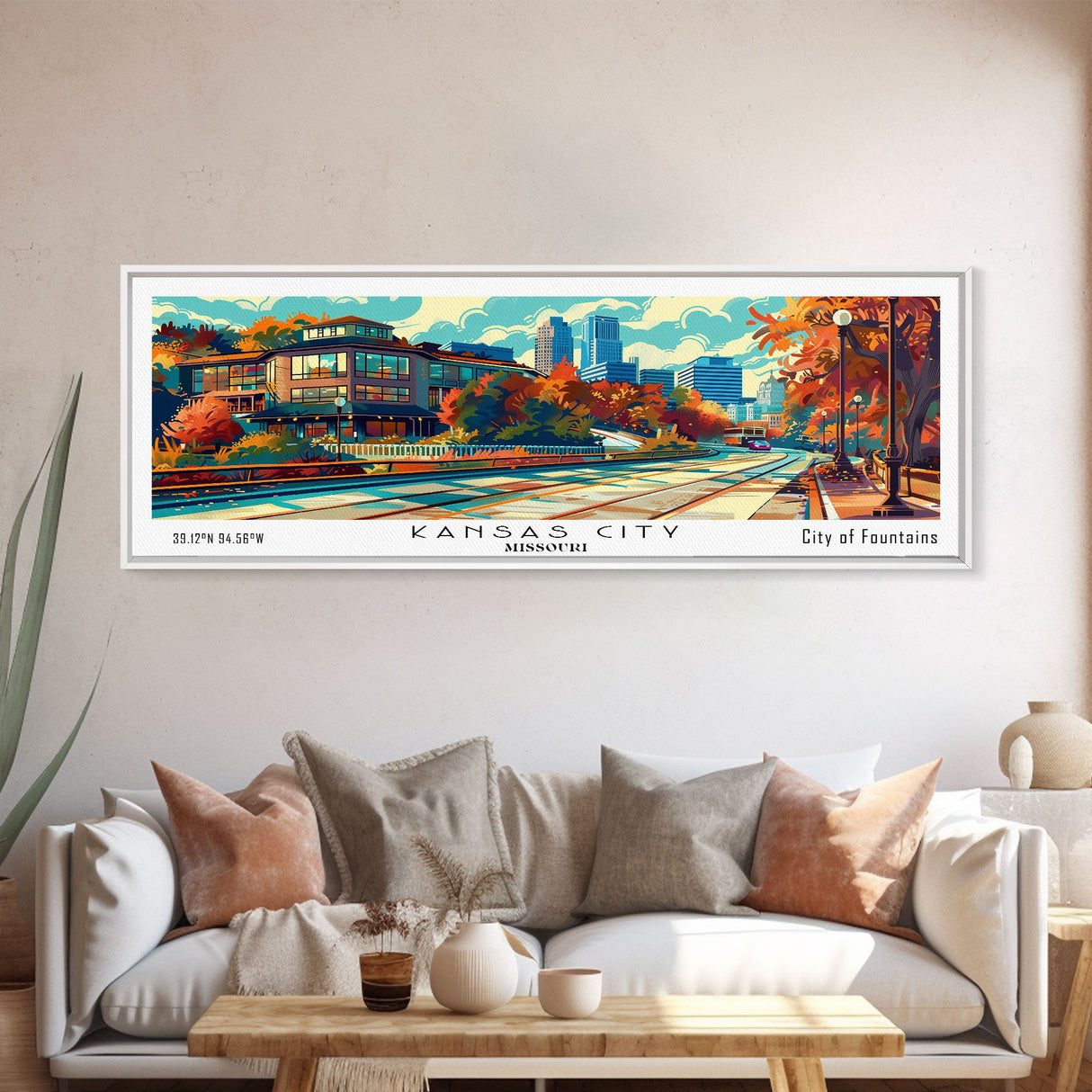 Kansas City Missouri Panoramic Painting, Mid Century Modern Framed Canvas Print, Pop Art Wall Hanging, Retro Travel Poster