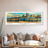 Long Beach California Panoramic Painting, Retro Style Framed Canvas Print, Mid Century Modern Wall Art, Pop Art Travel Poster