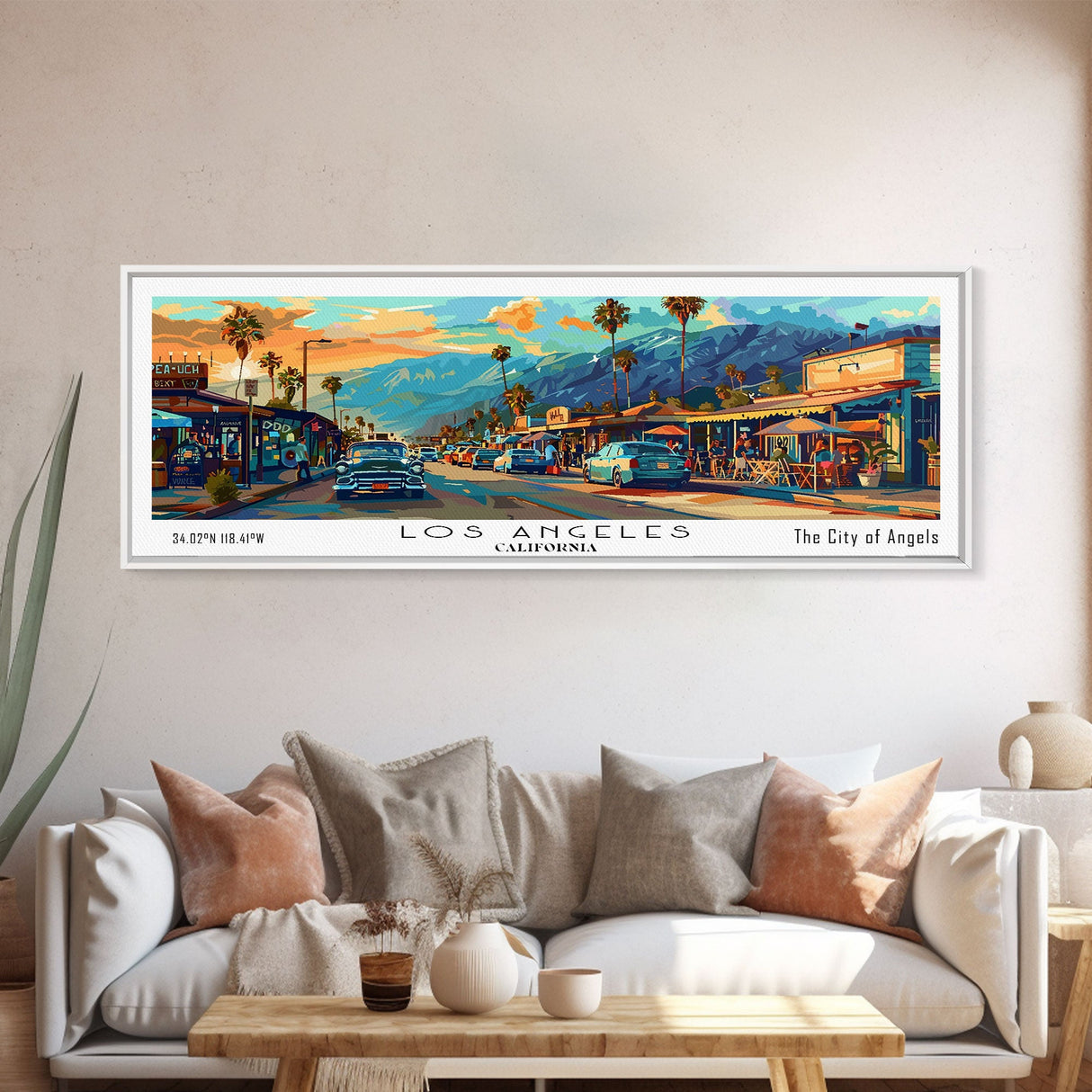 Los Angeles California Panoramic Framed Canvas Print, Mid Century Modern Wall Art, Pop Art Home Decor, Retro Style Travel Poster