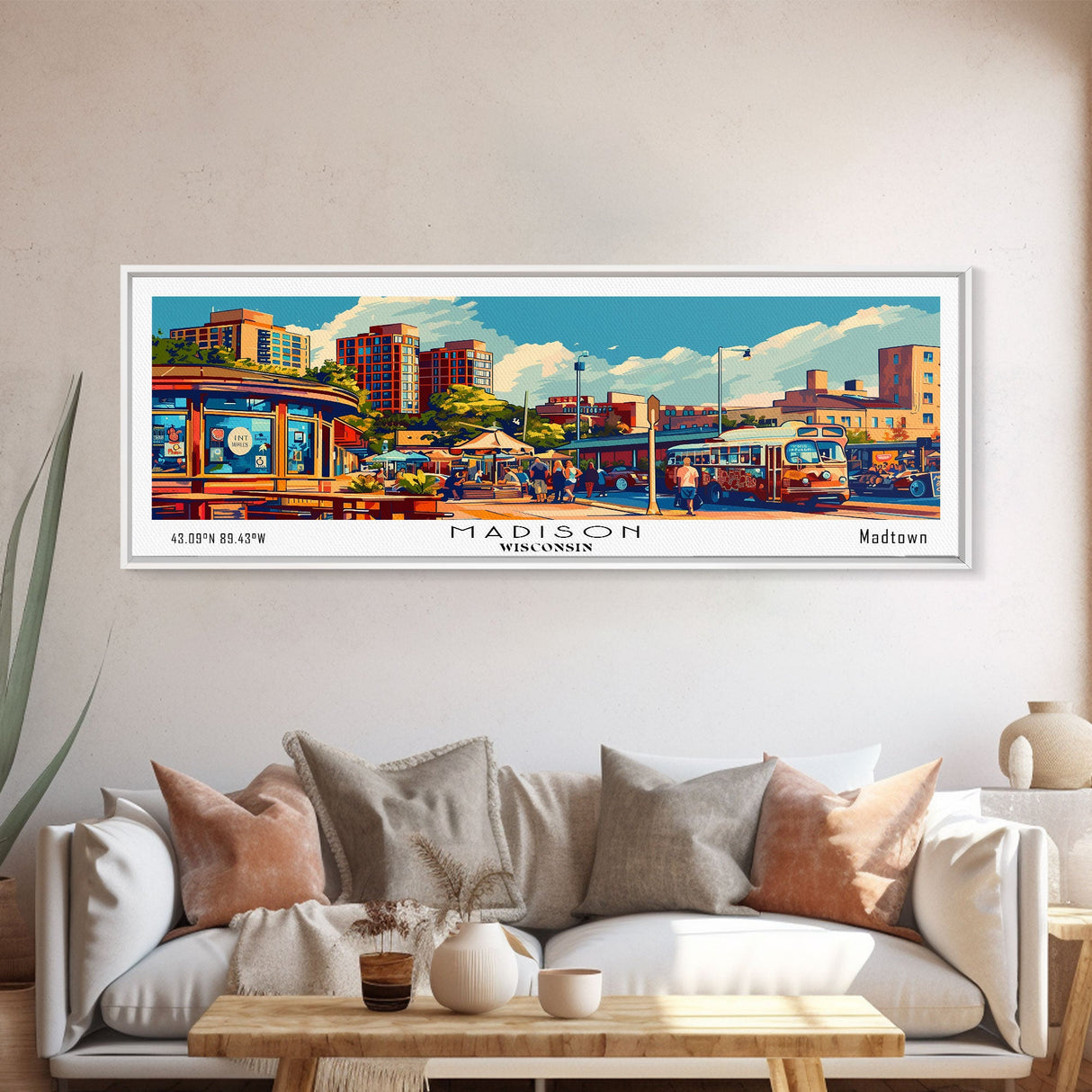 Madison Wisconsin Panoramic Painting, Mid Century Modern Framed Canvas Print, Retro Style Wall Art, Pop Art Travel Poster