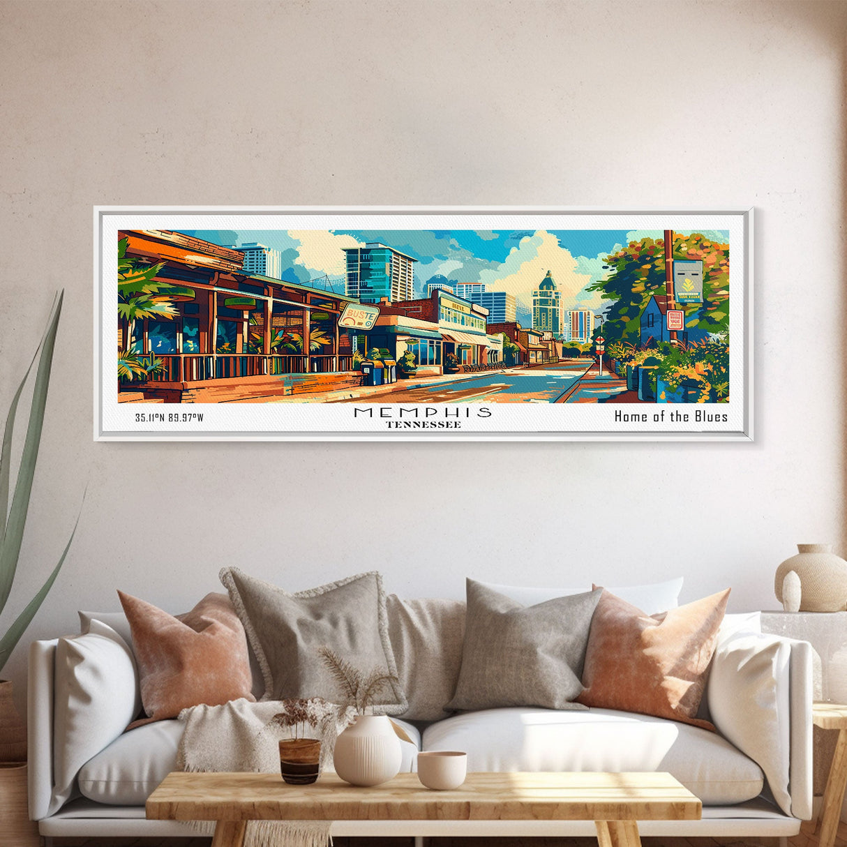 Memphis Tennessee Panoramic Framed Canvas Print, Retro Style Wall Art, Mid Century Modern Home Decor, Pop Art Travel Poster