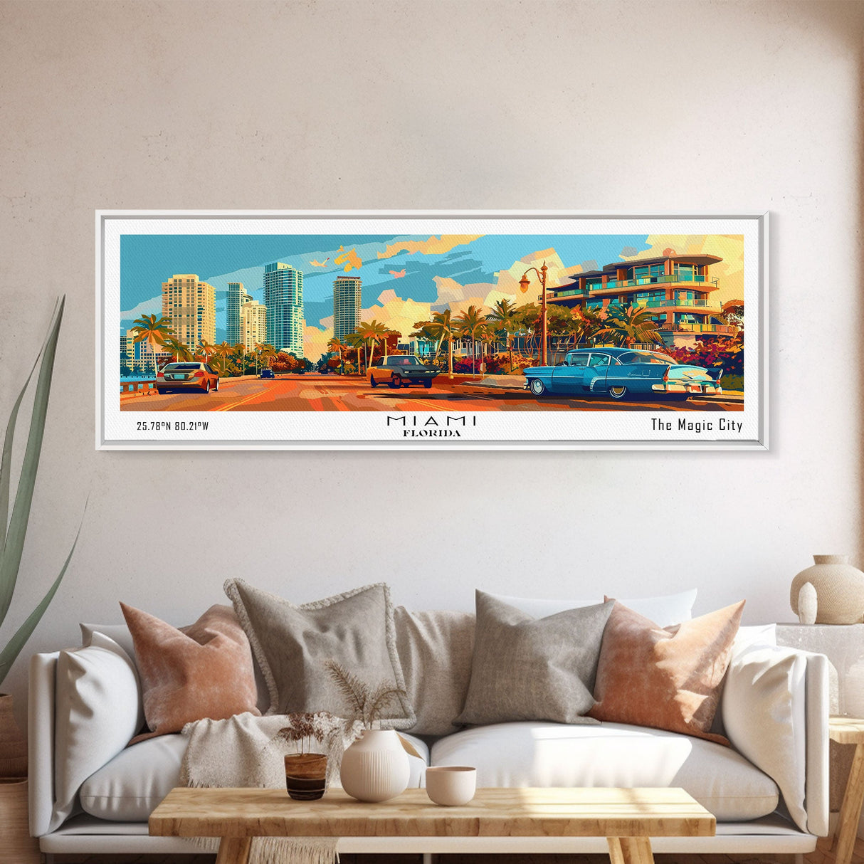 Miami Florida Panoramic Framed Canvas Print, Mid Century Modern Wall Art, Pop Art Home Decor, Retro Style Travel Poster