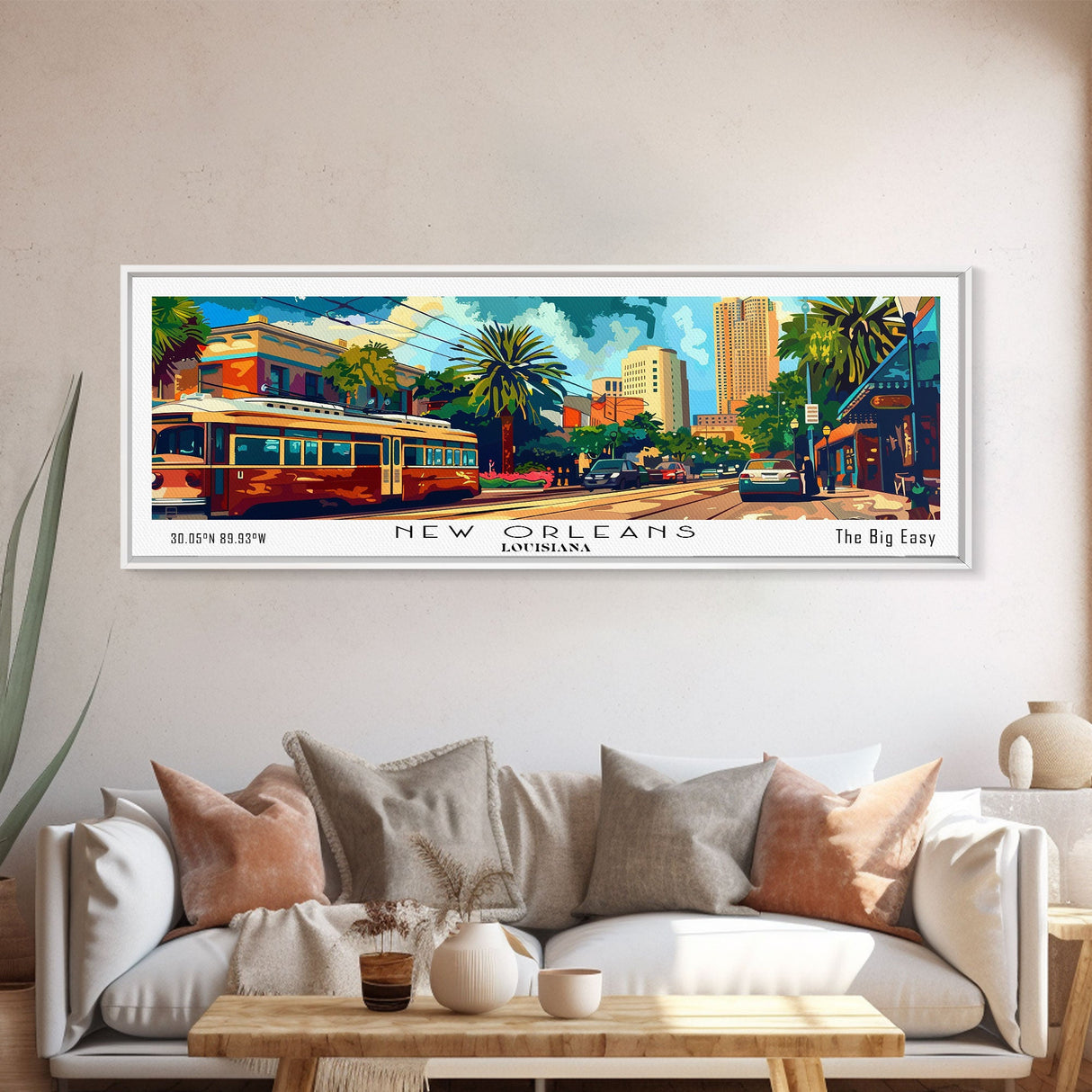 New Orleans Louisiana Panoramic Wall Art, Mid Century Modern Framed Canvas Print, Retro Pop Art Travel Poster, Home Decor