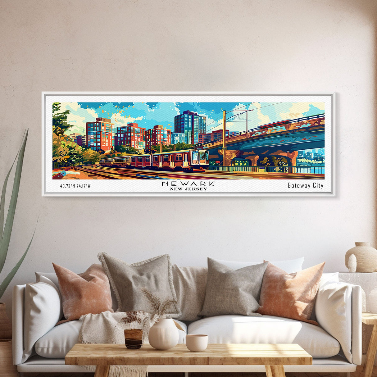 Newark New Jersey Panoramic Painting, Retro Style Framed Canvas Print, Mid Century Modern Wall Art, Pop Art Travel Poster