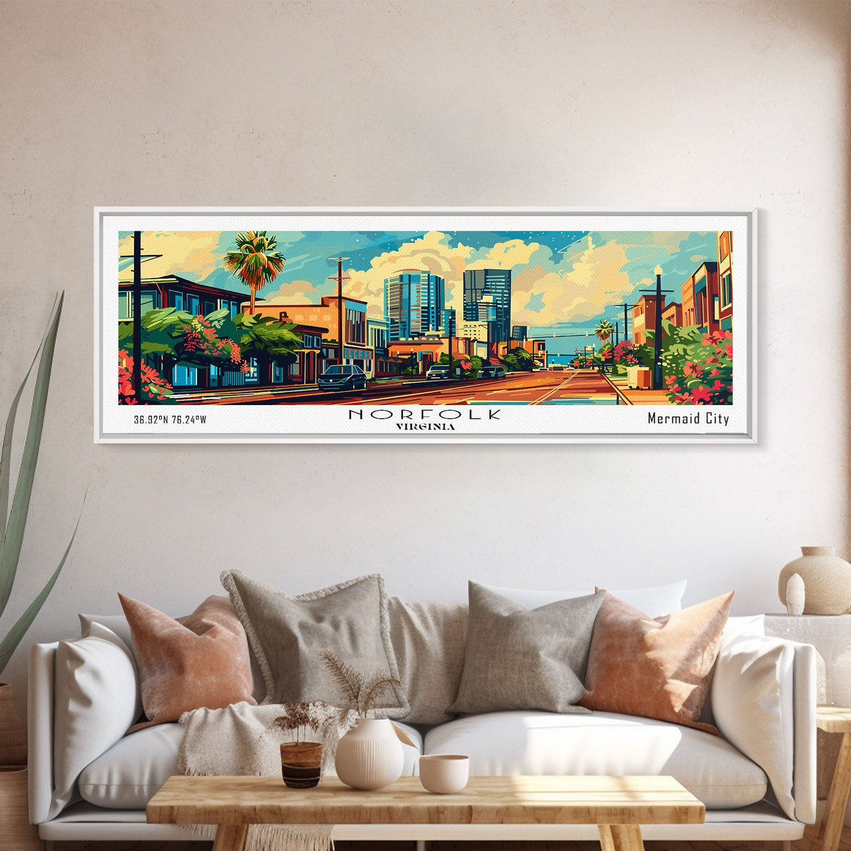 Norfolk Virginia Panoramic Framed Canvas Print, Retro Style Wall Art, Mid Century Modern Home Decor, Pop Art Travel Poster