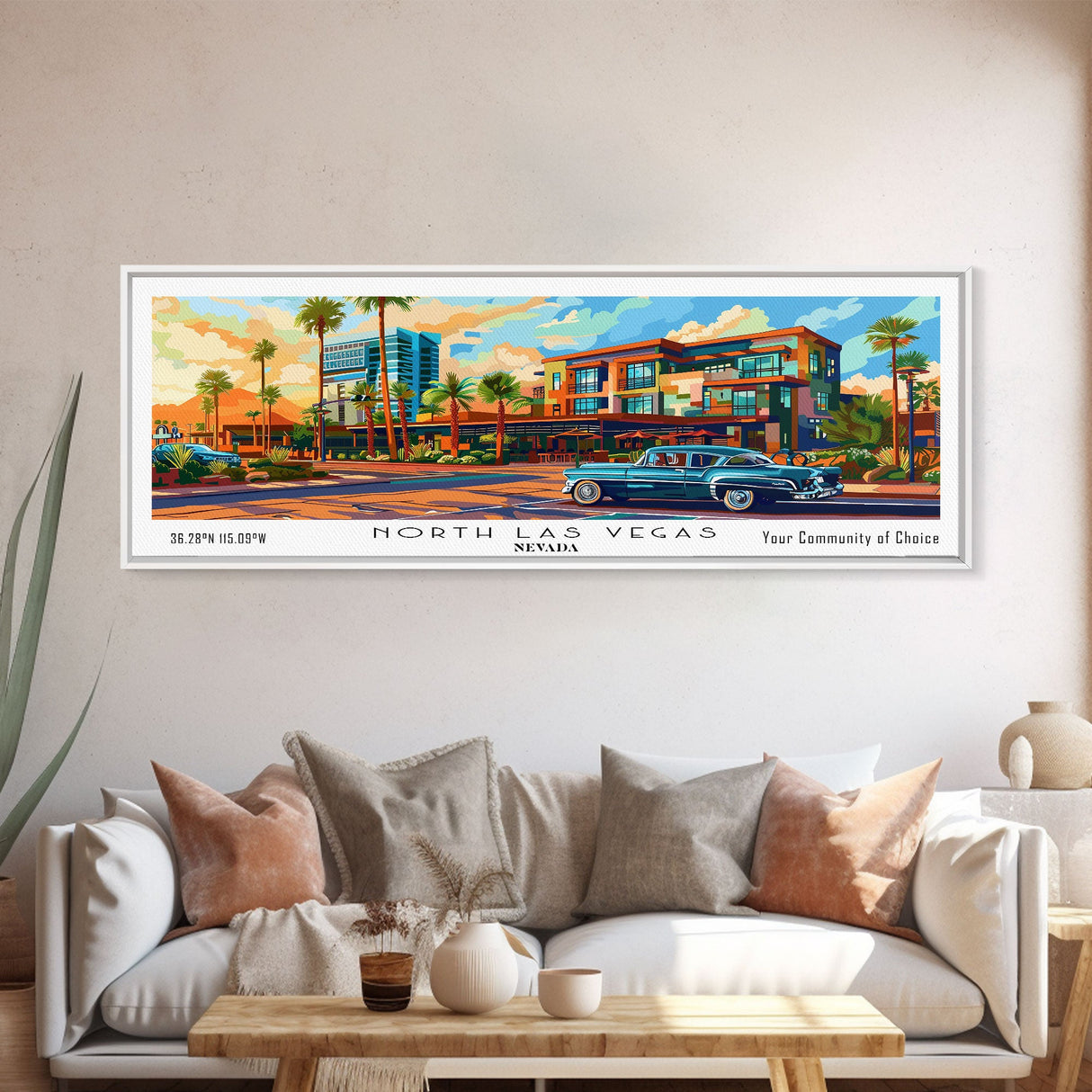 North Las Vegas Nevada Panoramic Painting, Mid Century Modern Framed Canvas Print, Pop Art Wall Hanging, Retro Travel Poster