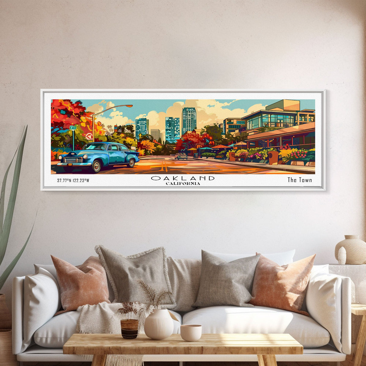 Oakland California Panoramic Wall Art, Pop Art Framed Canvas Print, Mid Century Modern Home Decor, Retro Style Travel Poster