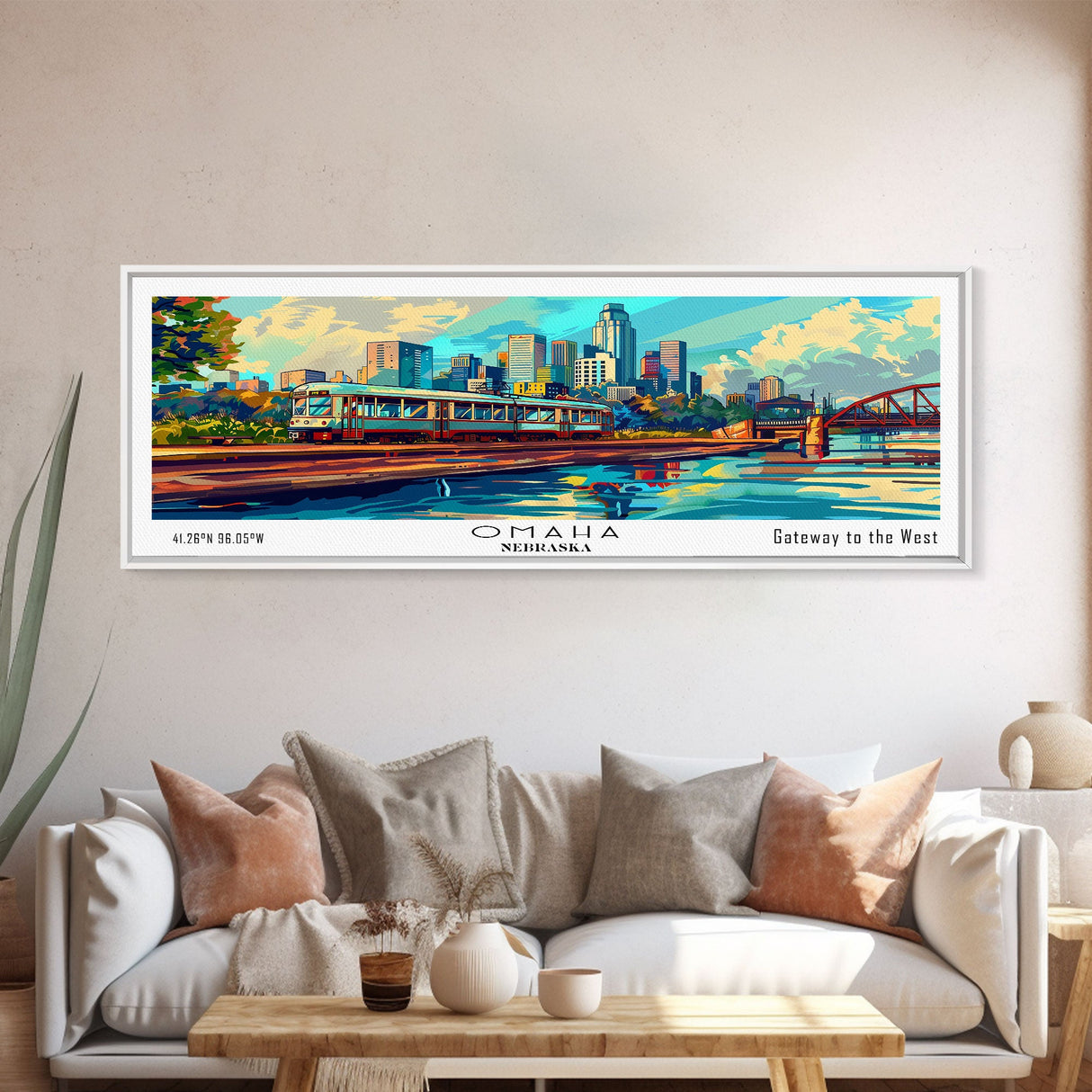 Omaha Nebraska Panoramic Framed Canvas Print, Mid Century Modern Pop Art, Retro Wall Art Decor, Travel Poster Painting