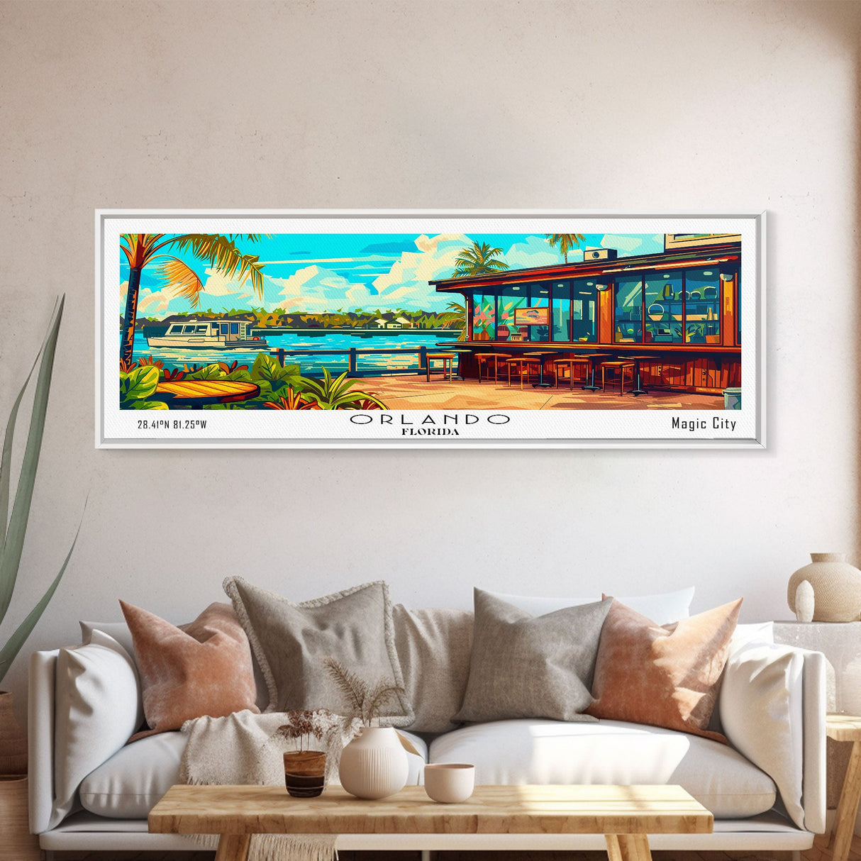 Orlando Florida Panoramic Wall Art, Mid Century Modern Framed Canvas Print, Retro Pop Art Travel Poster, Home Decor