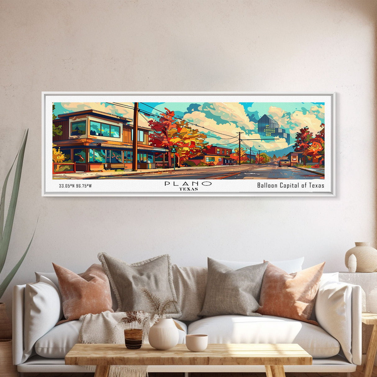 Plano Texas Panoramic Wall Art, Mid Century Modern Framed Canvas Print, Retro Pop Art Travel Poster, Home Decor