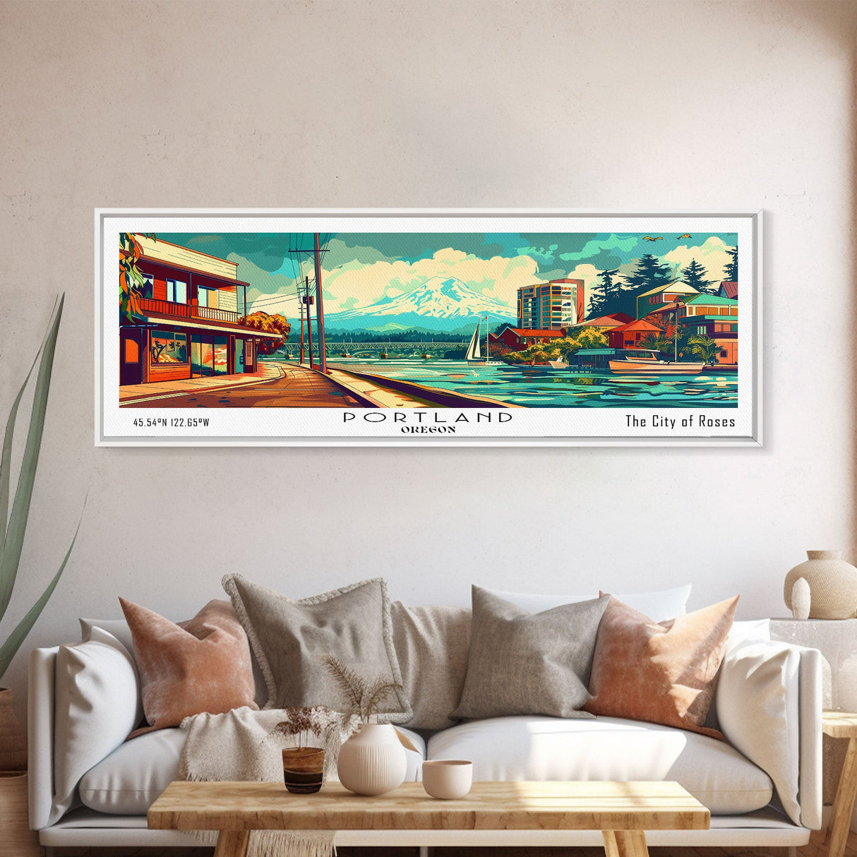 Portland Oregon Panoramic Painting, Mid Century Modern Framed Canvas Print, Retro Style Wall Art, Pop Art Travel Poster