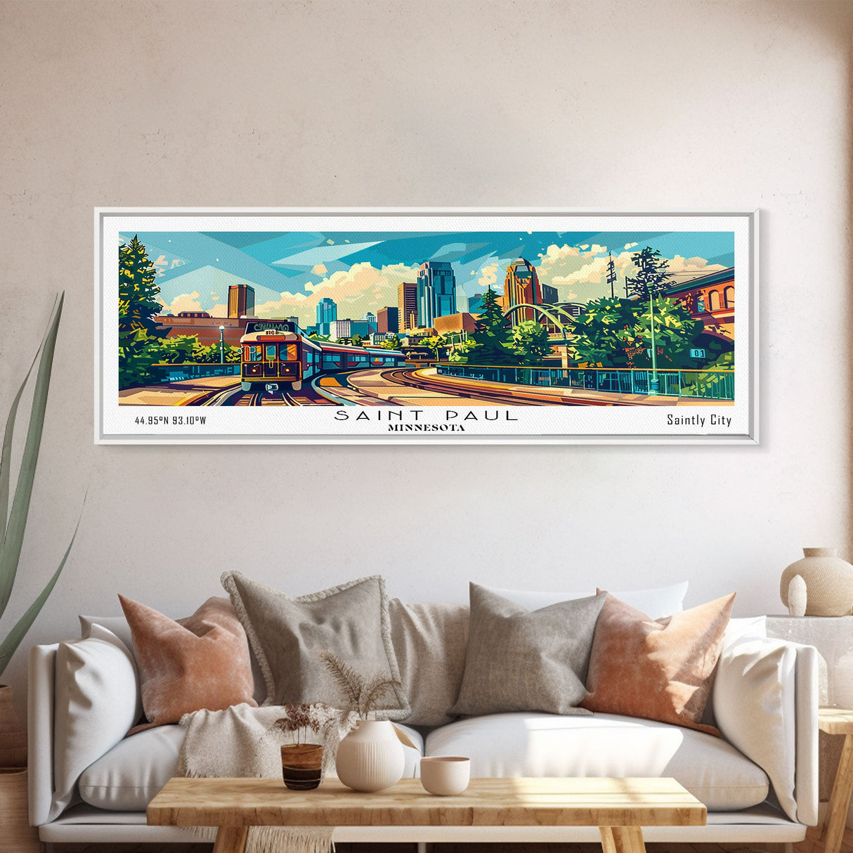 Saint Paul Minnesota Panoramic Framed Canvas Print, Mid Century Modern Pop Art, Retro Wall Art Decor, Travel Poster Painting