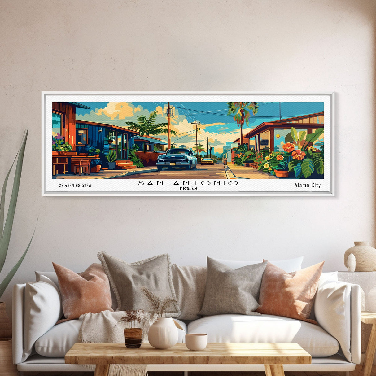 San Antonio Texas Panoramic Wall Art, Mid Century Modern Framed Canvas Print, Retro Pop Art Travel Poster, Home Decor