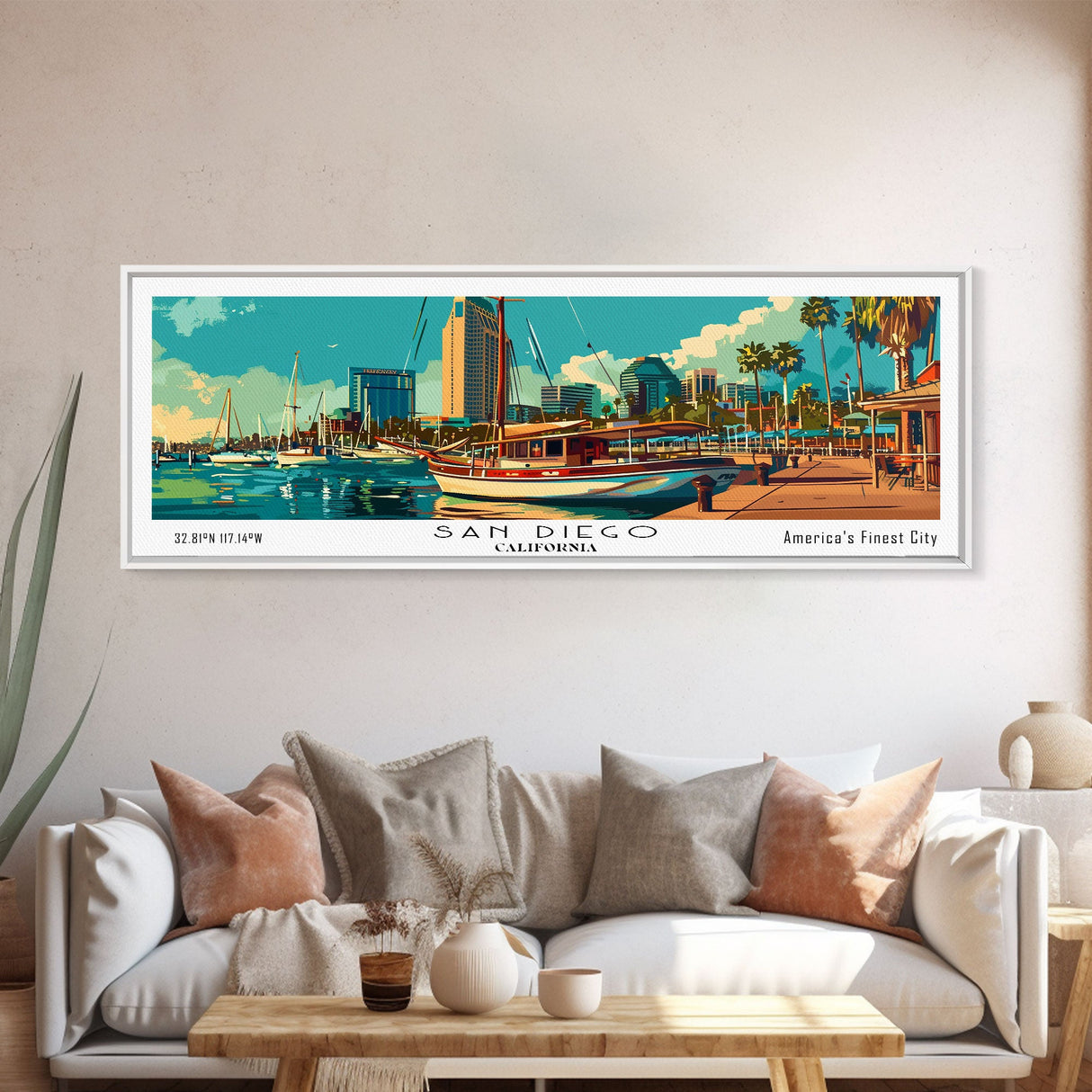 San Diego California Panoramic Painting, Retro Style Framed Canvas Print, Mid Century Modern Wall Art, Pop Art Travel Poster