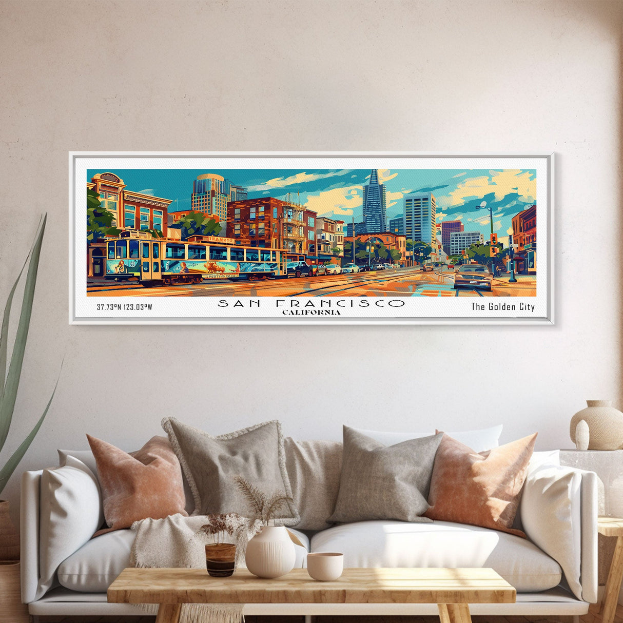 San Francisco California Panoramic Framed Canvas Print, Mid Century Modern Wall Art, Pop Art Home Decor, Retro Style Travel Poster