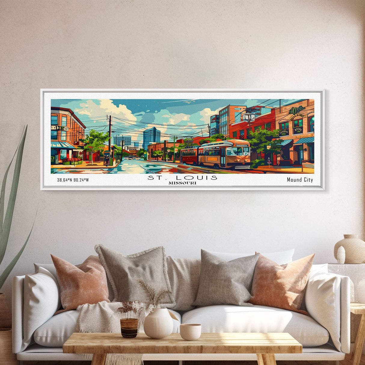 St. Louis Missouri Panoramic Wall Art, Retro Pop Art Framed Canvas Print, Mid Century Modern Travel Poster, Living Room Decor