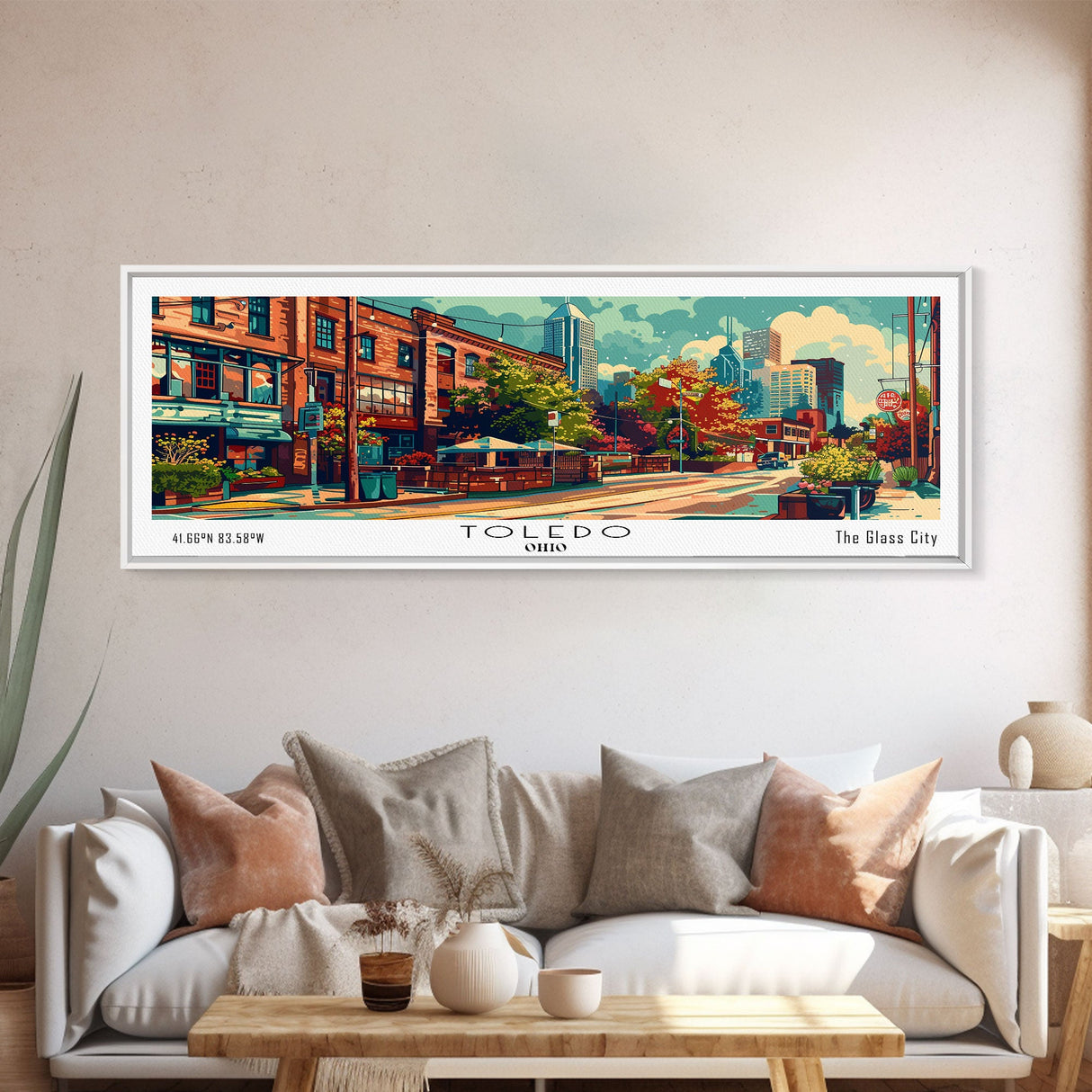 Toledo Ohio Panoramic Painting, Mid Century Modern Framed Canvas Print, Retro Pop Art Travel Poster, Wall Art, Home Decor, Office Art