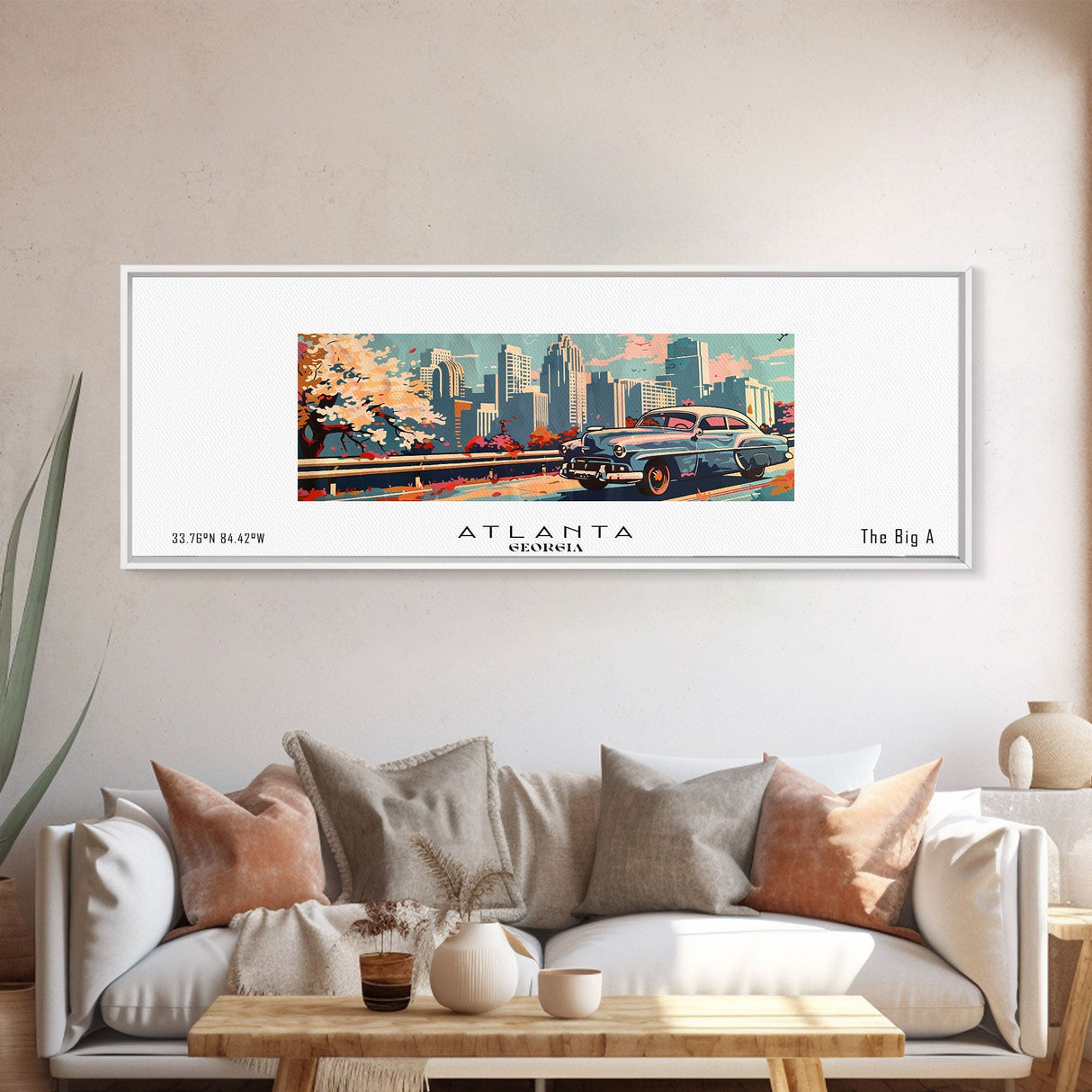 Atlanta Georgia Panoramic Painting, Mid Century Modern Framed Canvas Print, Retro Pop Art Travel Poster, Wall Decor, Gift Idea, Home Decor