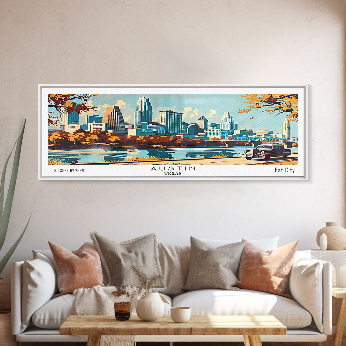 Austin Texas Panoramic Painting, Mid Century Modern Framed Canvas Print, Retro Pop Art Travel Poster, Wall Art, Home Decor, Office Art, Gift Idea