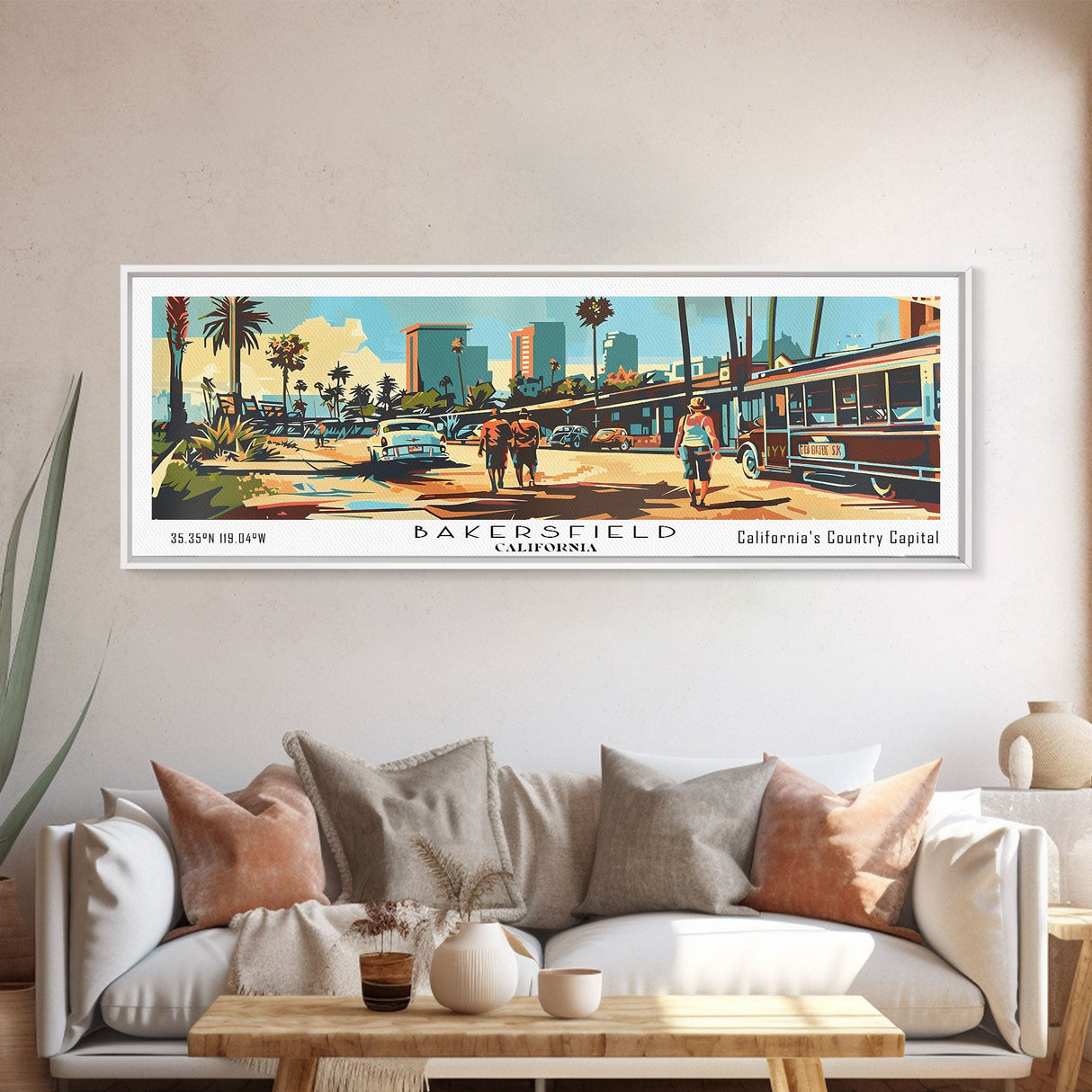 Bakersfield California Panoramic Wall Art, Mid Century Modern Framed Canvas Print, Retro Pop Art Travel Poster, Office Wall Art, Living Room Decor