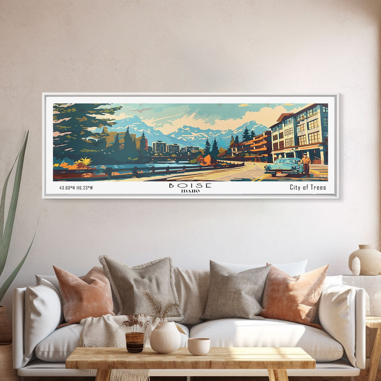 Boise Idaho Panoramic Painting, Mid Century Modern Framed Canvas Print, Retro Pop Art Travel Poster, Wall Art, Home Decor, Office Wall Art