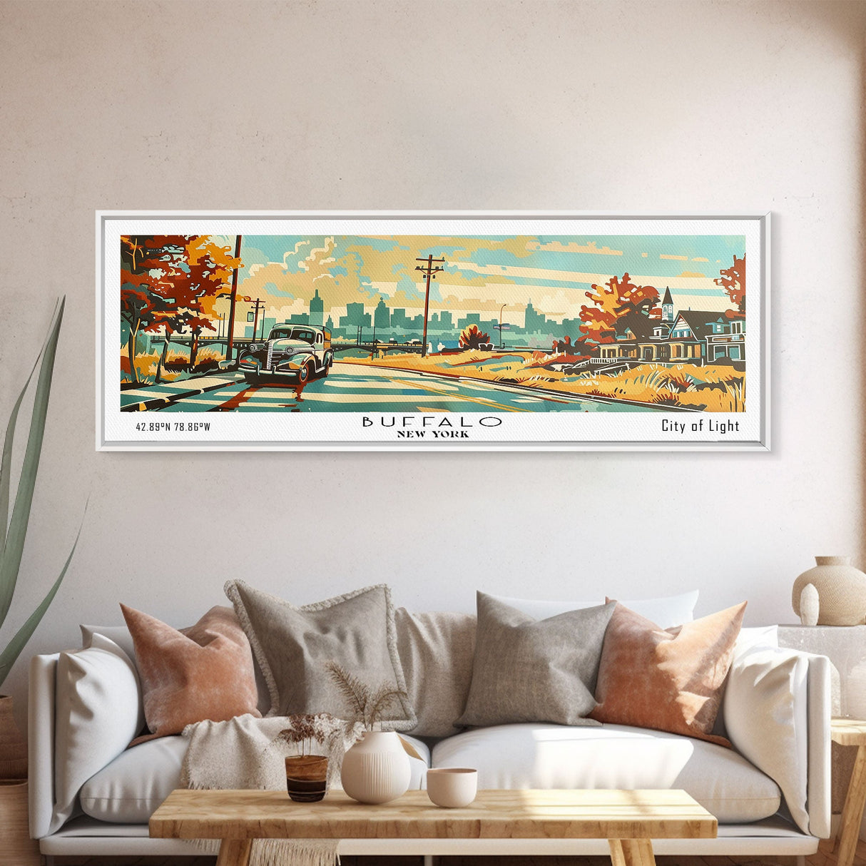 Buffalo New York Panoramic Painting, Mid Century Modern Framed Canvas Print, Retro Pop Art Travel Poster, Wall Decor, Home Decor, Wall Hanging