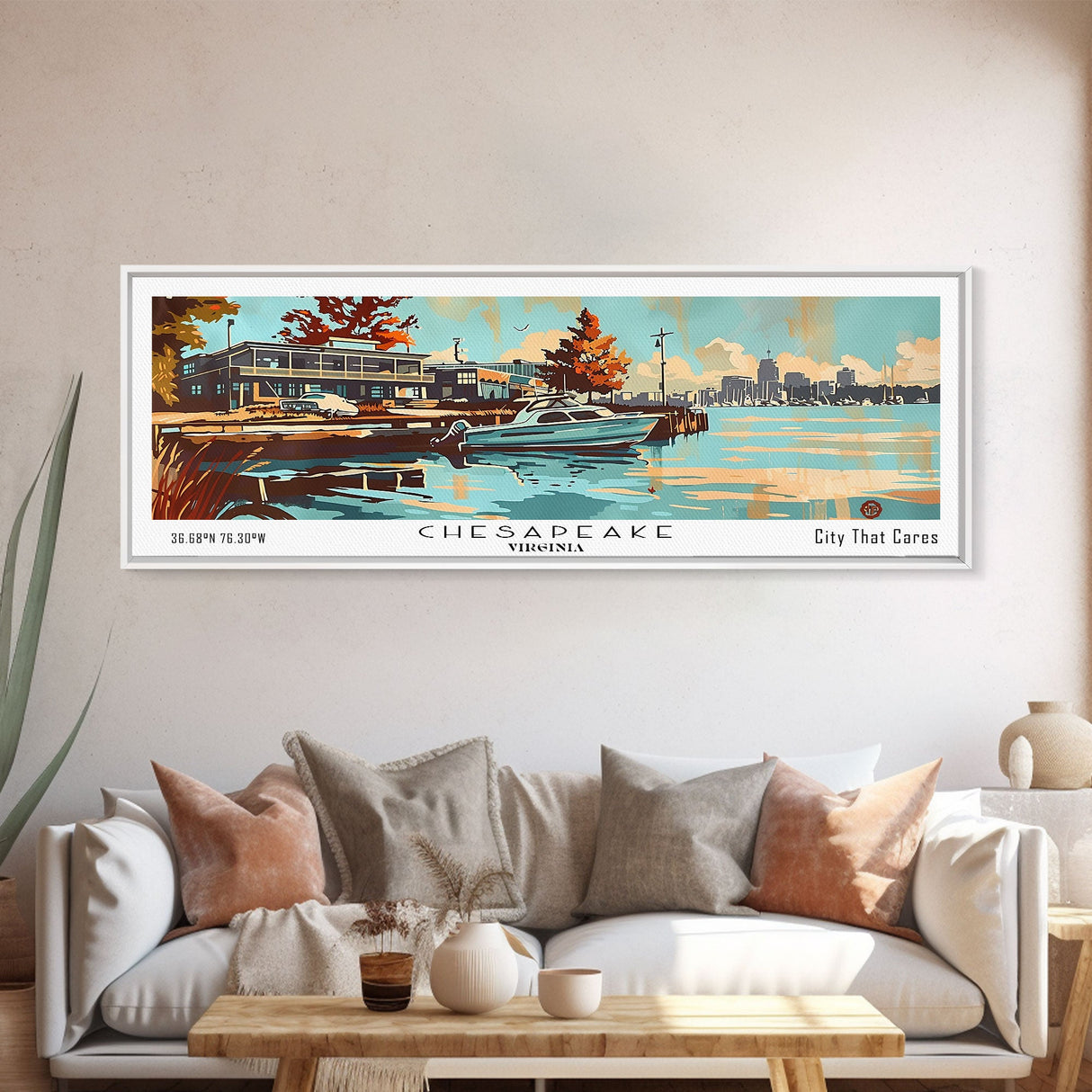 Chesapeake Virginia Panoramic Wall Art, Mid Century Modern Framed Canvas Print, Retro Pop Art Travel Poster, Office Art, Living Room Decor