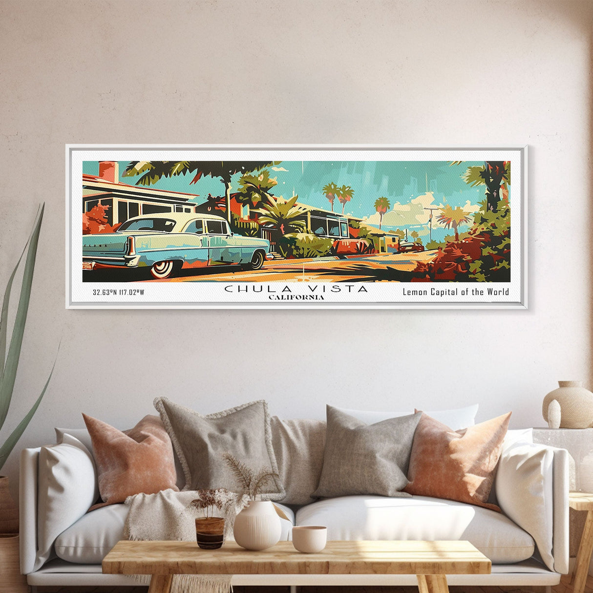 Chula Vista California Panoramic Painting, Mid Century Modern Framed Canvas Print, Retro Pop Art Travel Poster, Wall Decor, Office Art