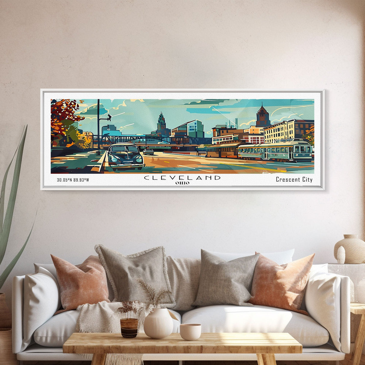 Cleveland Ohio Panoramic Wall Art, Mid Century Modern Framed Canvas Print, Retro Pop Art Travel Poster, Office Wall Art, Living Room Decor