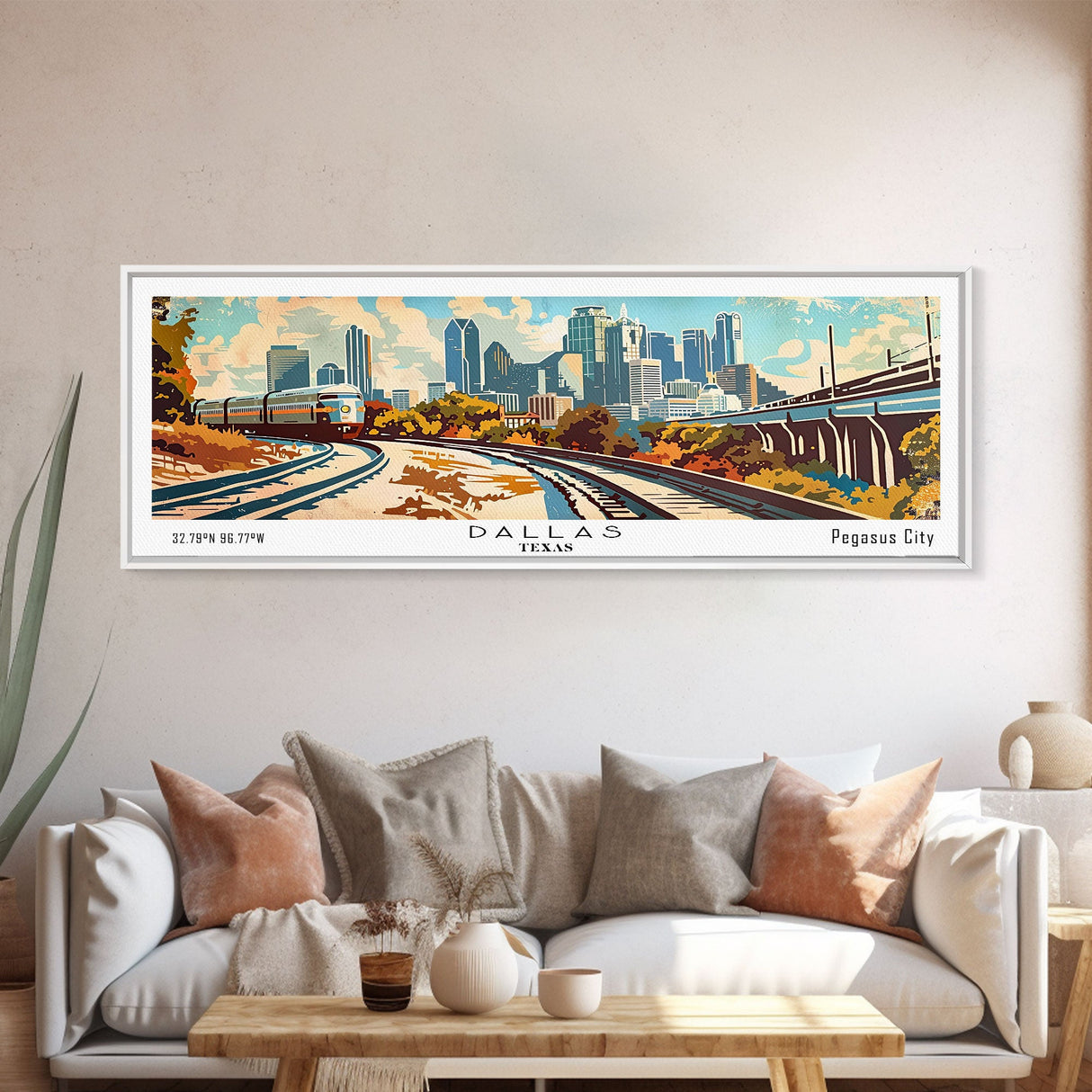 Dallas Texas Panoramic Wall Art, Retro Pop Art Framed Canvas Print, Mid Century Modern Travel Poster, Living Room Decor, Office Art