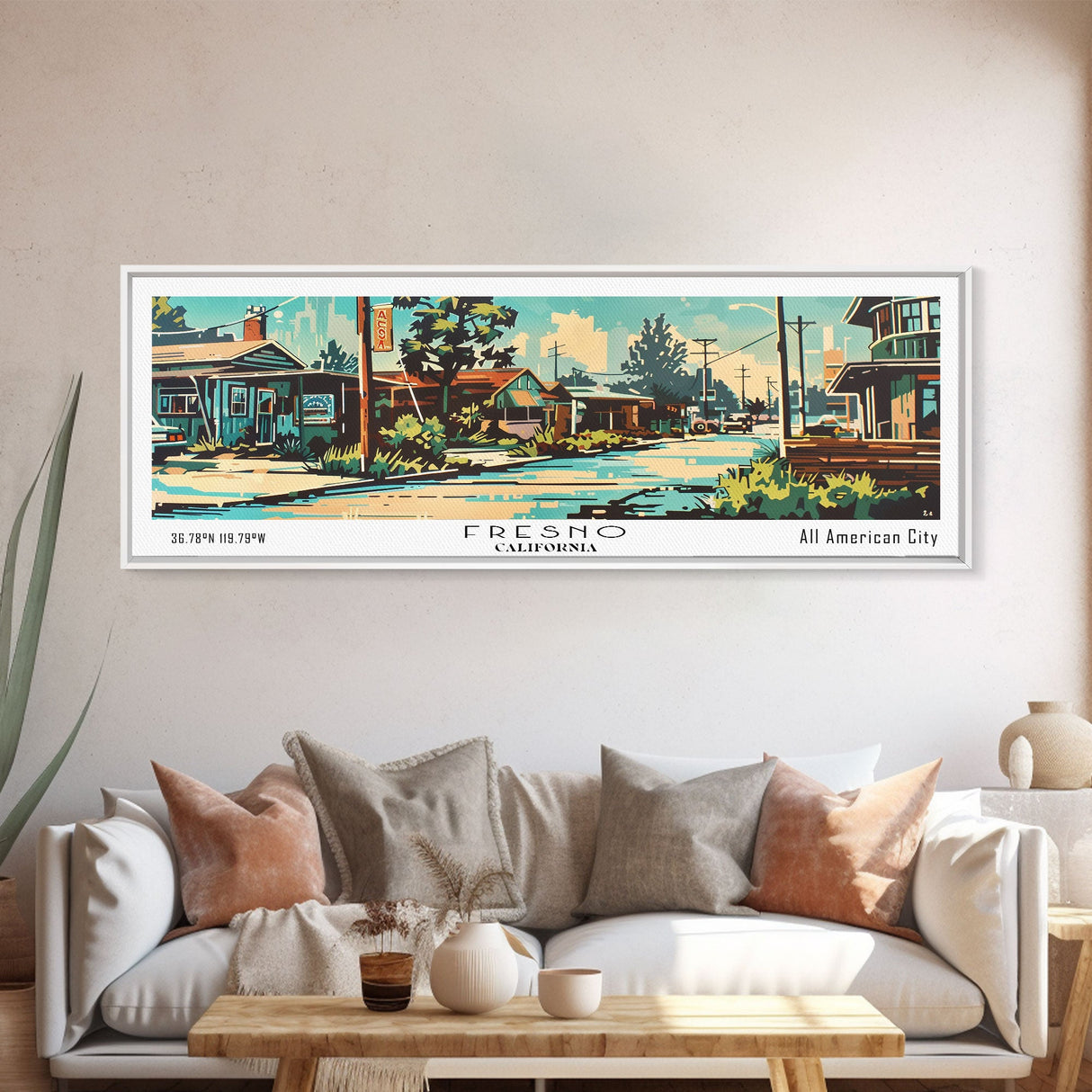 Fresno California Panoramic Wall Art, Retro Pop Art Framed Canvas Print, Mid Century Modern Travel Poster, Living Room Decor, Wall Hanging, Office Art