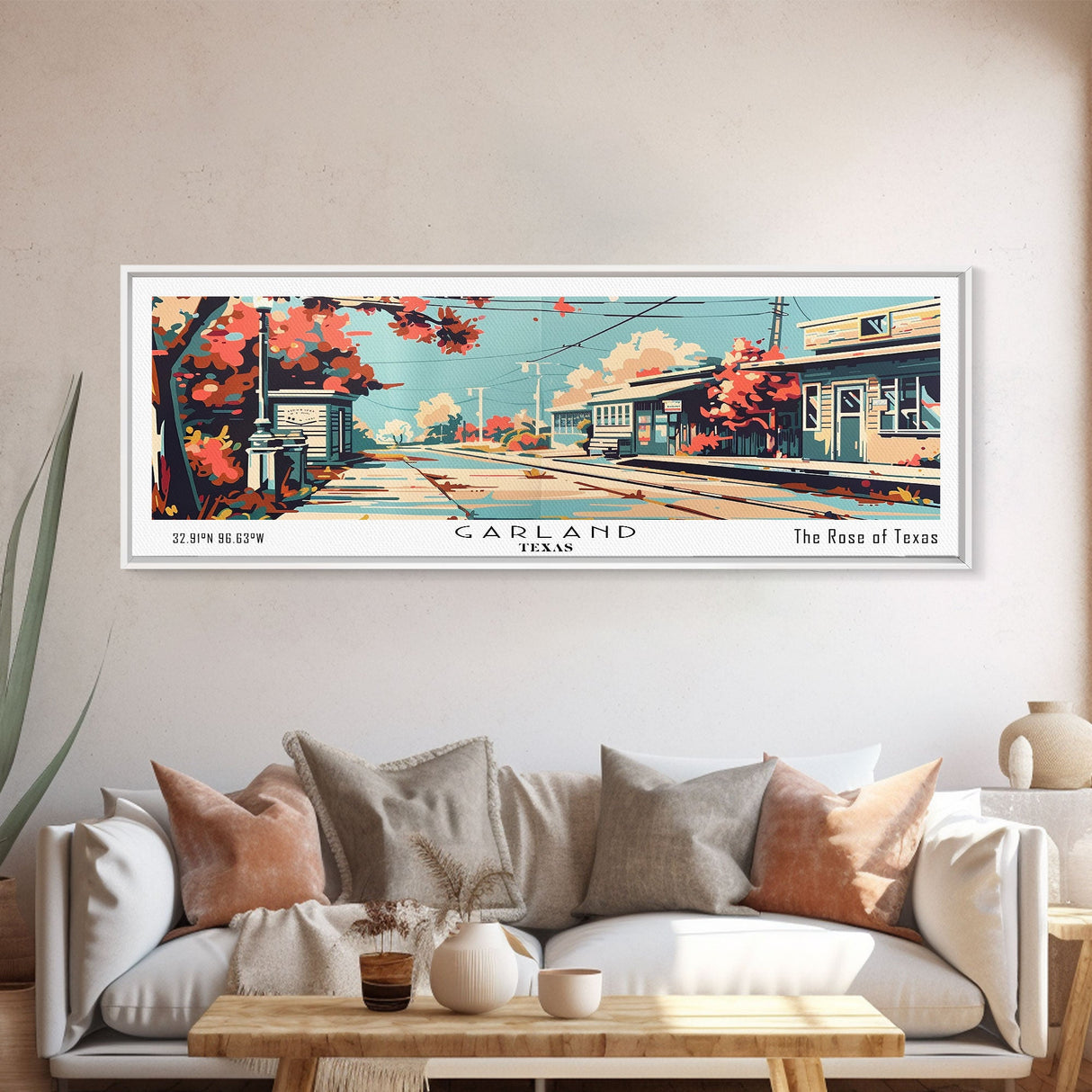 Garland Texas Panoramic Painting, Mid Century Modern Framed Canvas Print, Retro Pop Art Travel Poster, Wall Art, Home Decor, Office Art