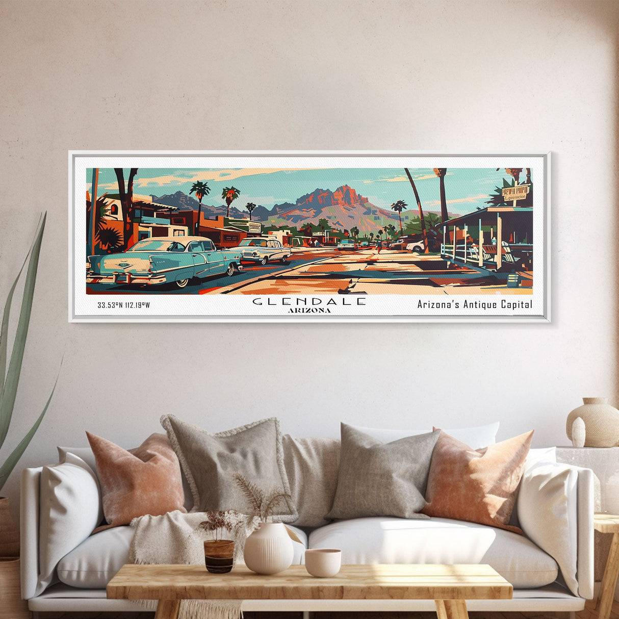 Glendale Arizona Panoramic Wall Art, Mid Century Modern Framed Canvas Print, Retro Pop Art Travel Poster, Home Decor, Office Wall Art, Gift Idea