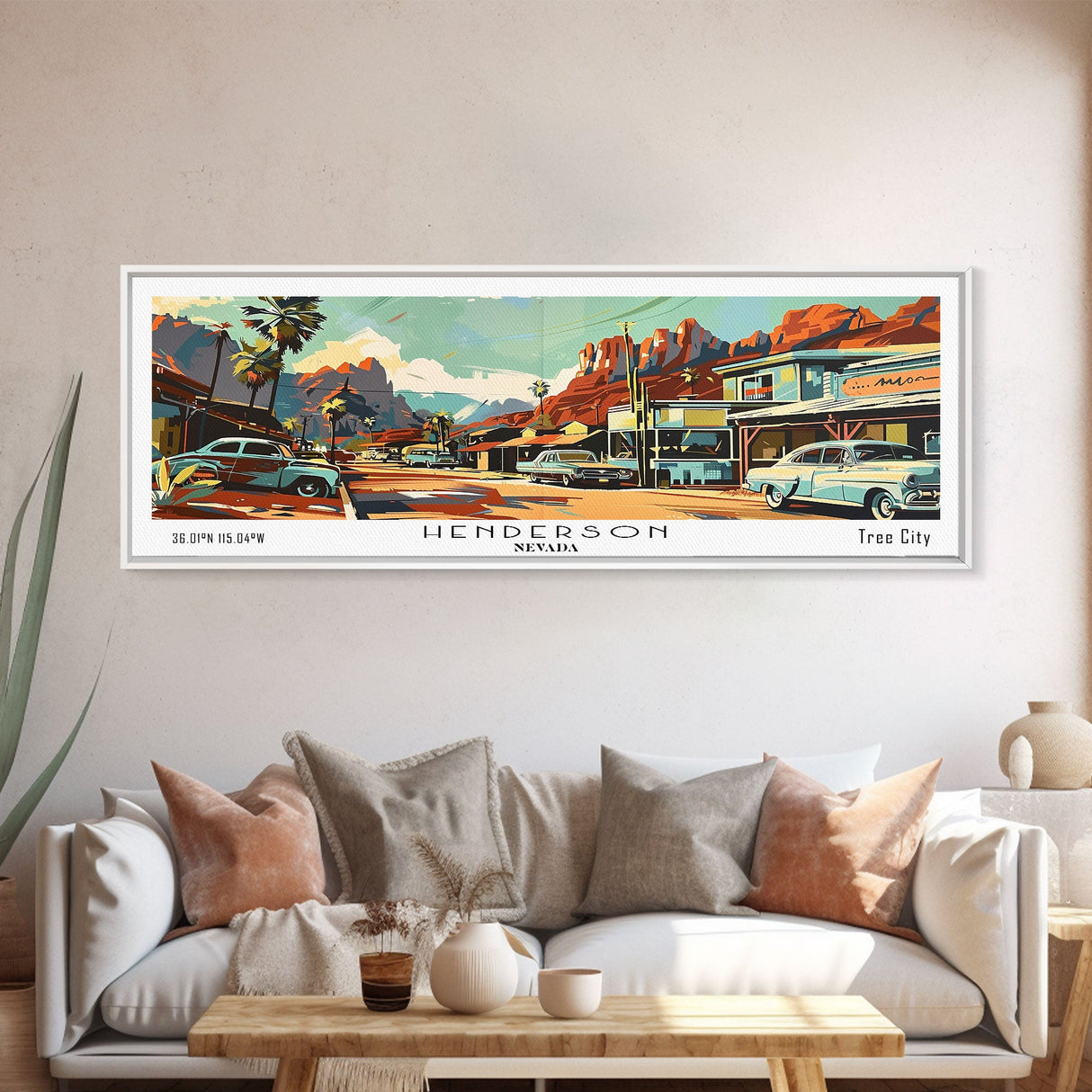 Henderson Nevada Panoramic Wall Art, Mid Century Modern Framed Canvas Print, Retro Pop Art Travel Poster, Home Decor, Office Art, Living Room Wall Hanging