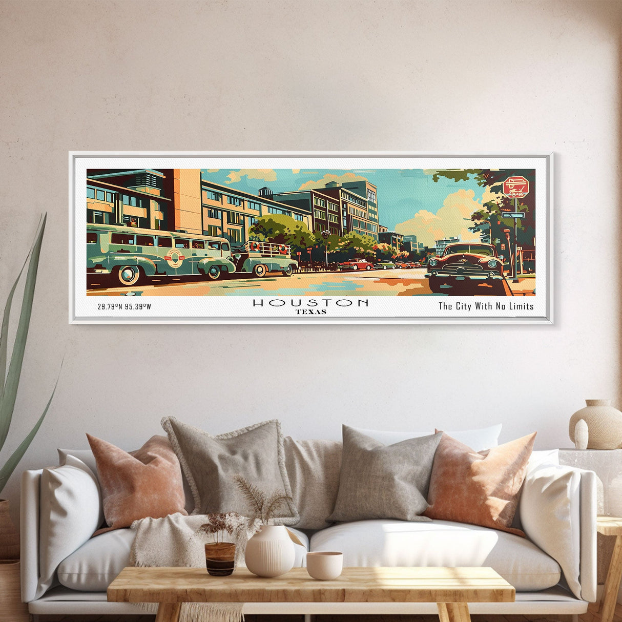 Houston Texas Panoramic Painting, Mid Century Modern Framed Canvas Print, Retro Pop Art Travel Poster, Wall Art, Home Decor, Office Wall Art, Living Room Decor