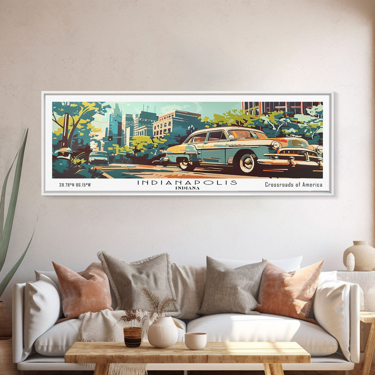 Indianapolis Indiana Panoramic Painting, Mid Century Modern Framed Canvas Print, Retro Pop Art Travel Poster, Wall Art, Living Room Decor, Office Wall Art