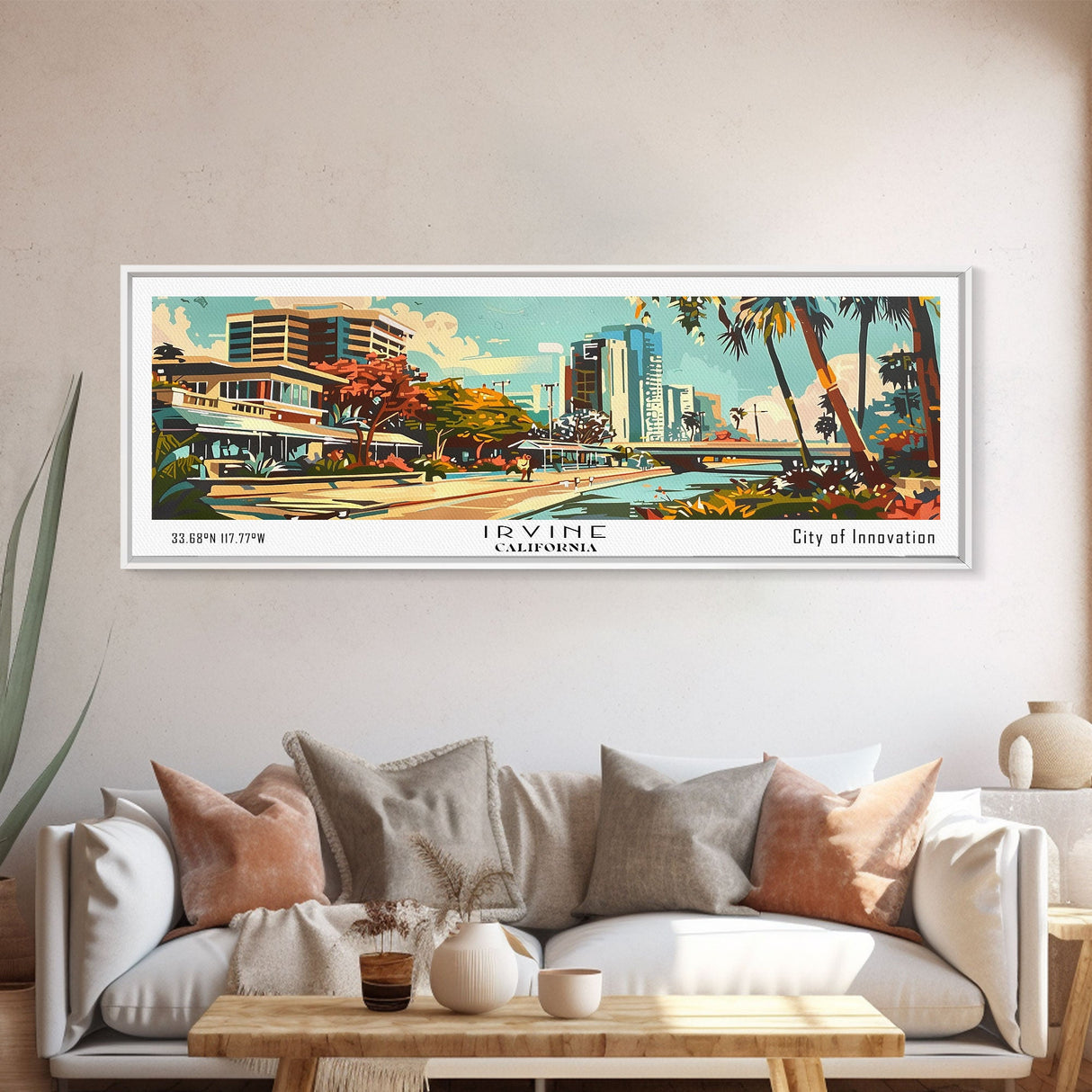 Irvine California Panoramic Wall Art, Mid Century Modern Framed Canvas Print, Retro Pop Art Travel Poster, Home Decor, Living Room Art, Office Wall Hanging